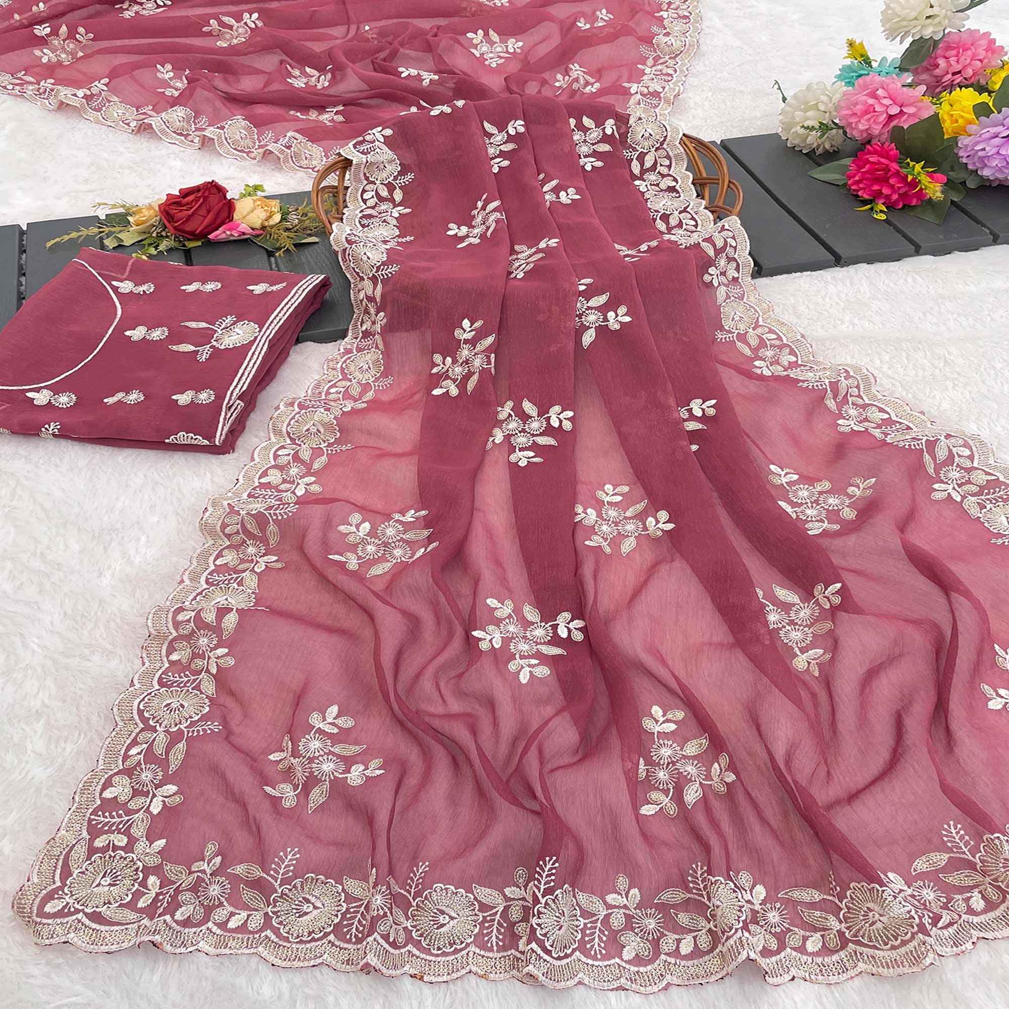 Pink Shimmer Silk Saree with Graceful Floral Embroidery