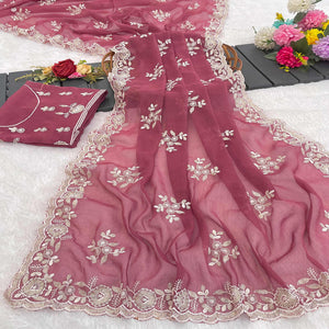 Pink Shimmer Silk Saree with Graceful Floral Embroidery