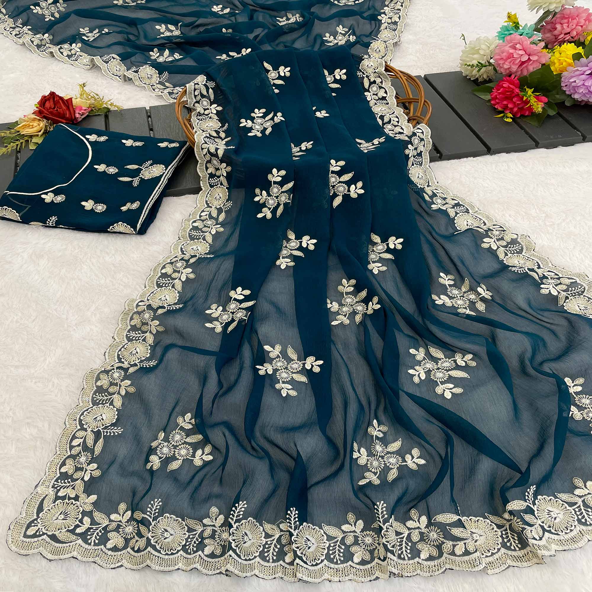 Teal Shimmer Silk Saree with Graceful Floral Embroidery