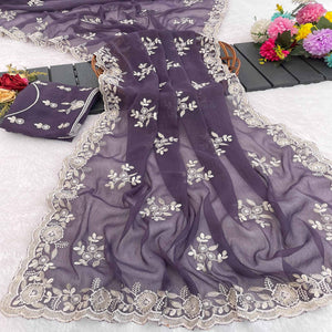 Violet Shimmer Silk Saree with Graceful Floral Embroidery