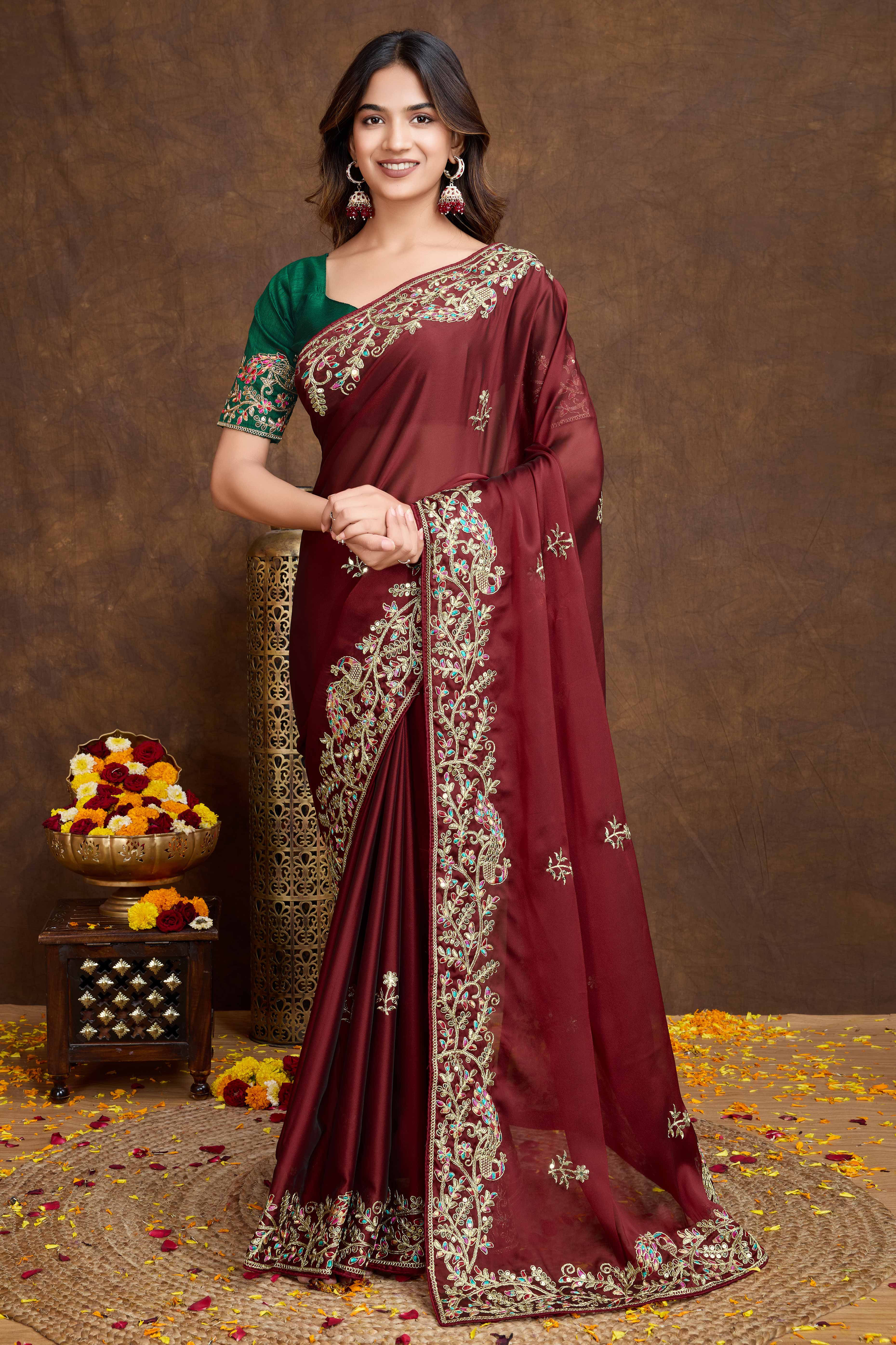Designer Rich Maroon Silk Blend Saree with Heavy Golden Thread Embroidery