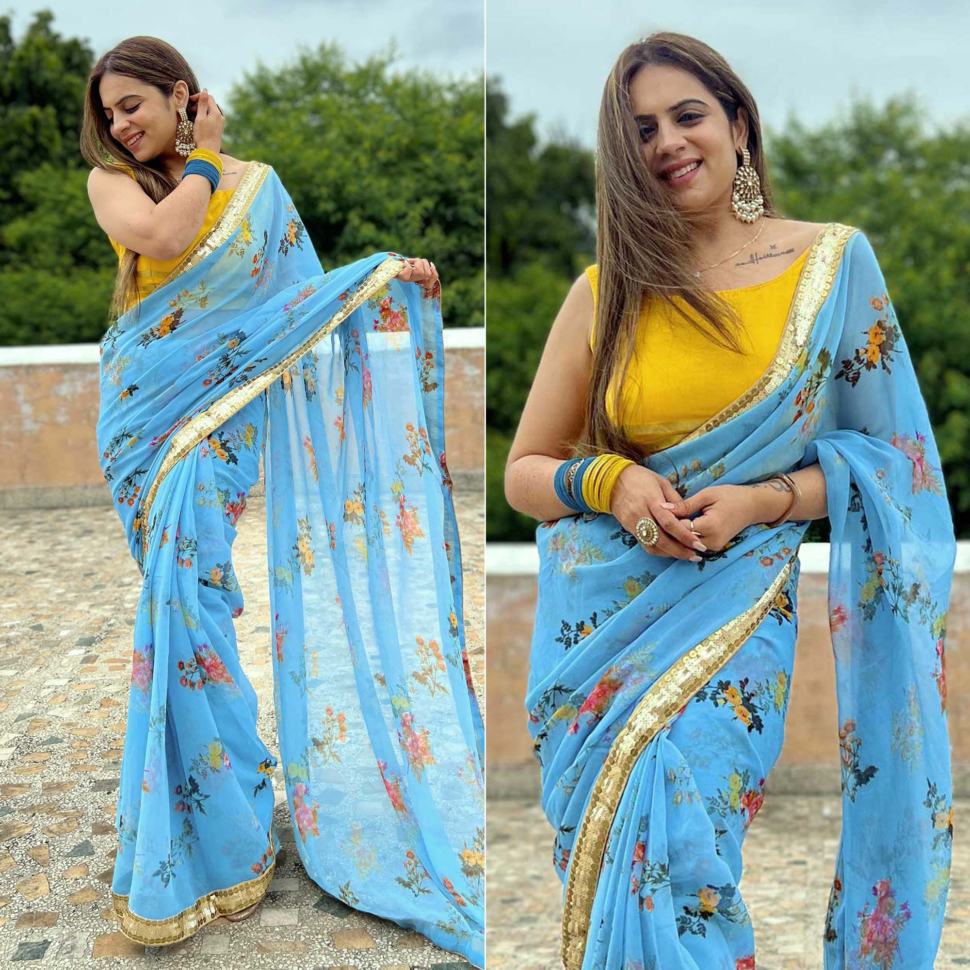 Blue Printed With Sequins Border Georgette Saree