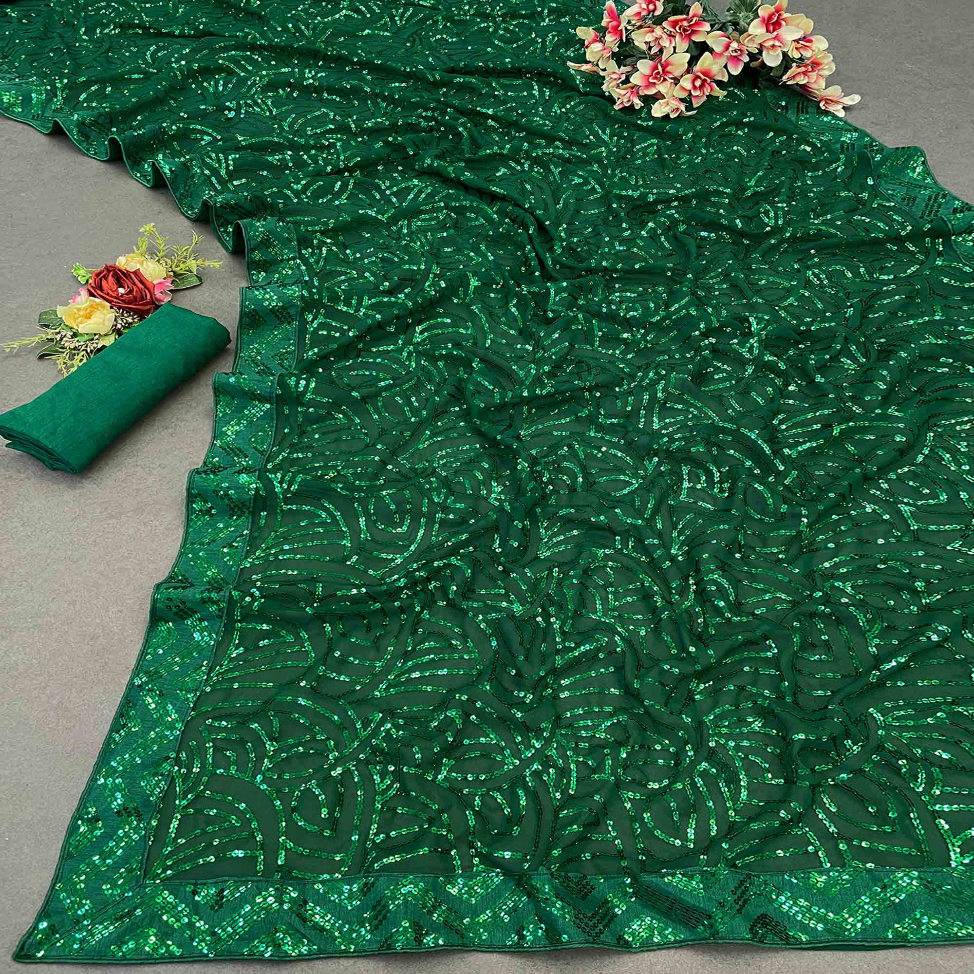 Green Georgette Saree with Dazzling Sequin Embellishment