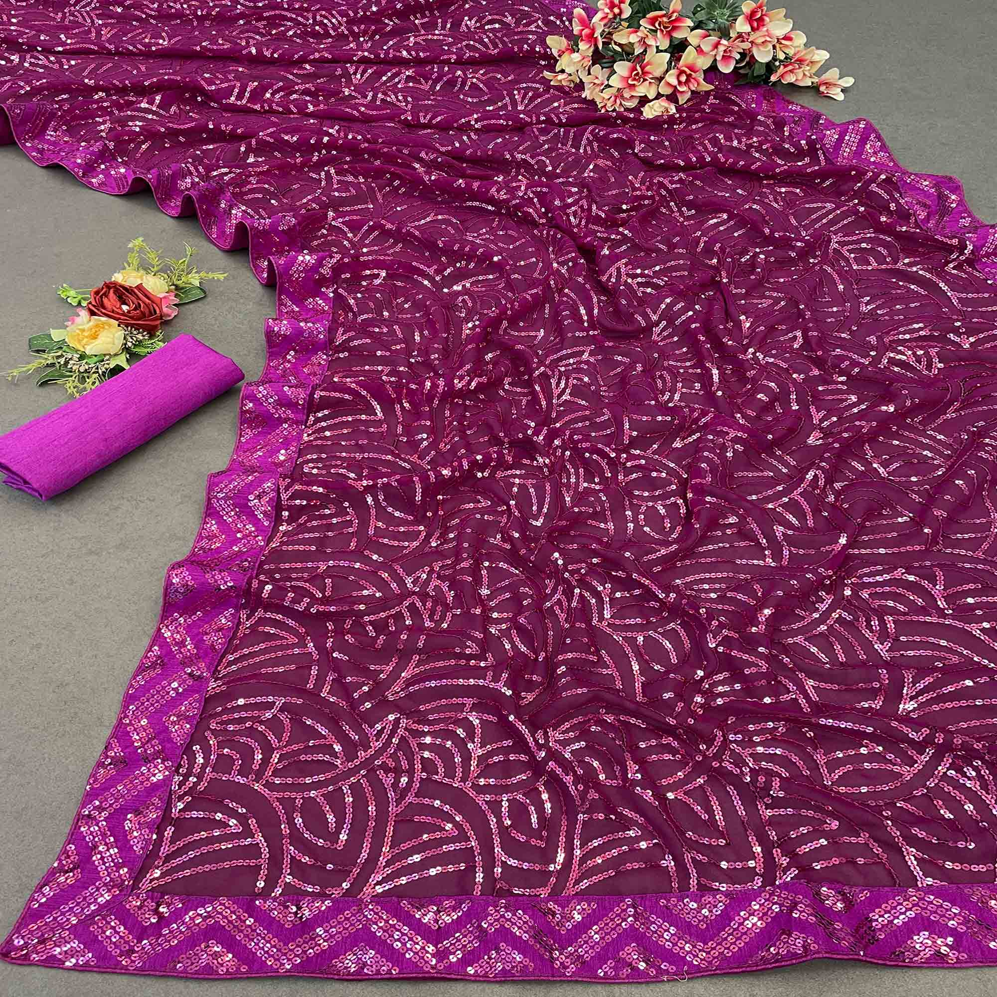Wine Georgette Saree with Dazzling Sequin Embellishment