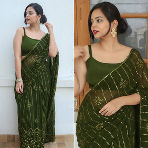 Mehandi Green Sequins Embroidered Georgette Saree