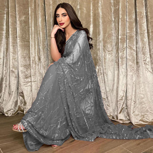 Grey Sequins Embroidered Georgette Saree