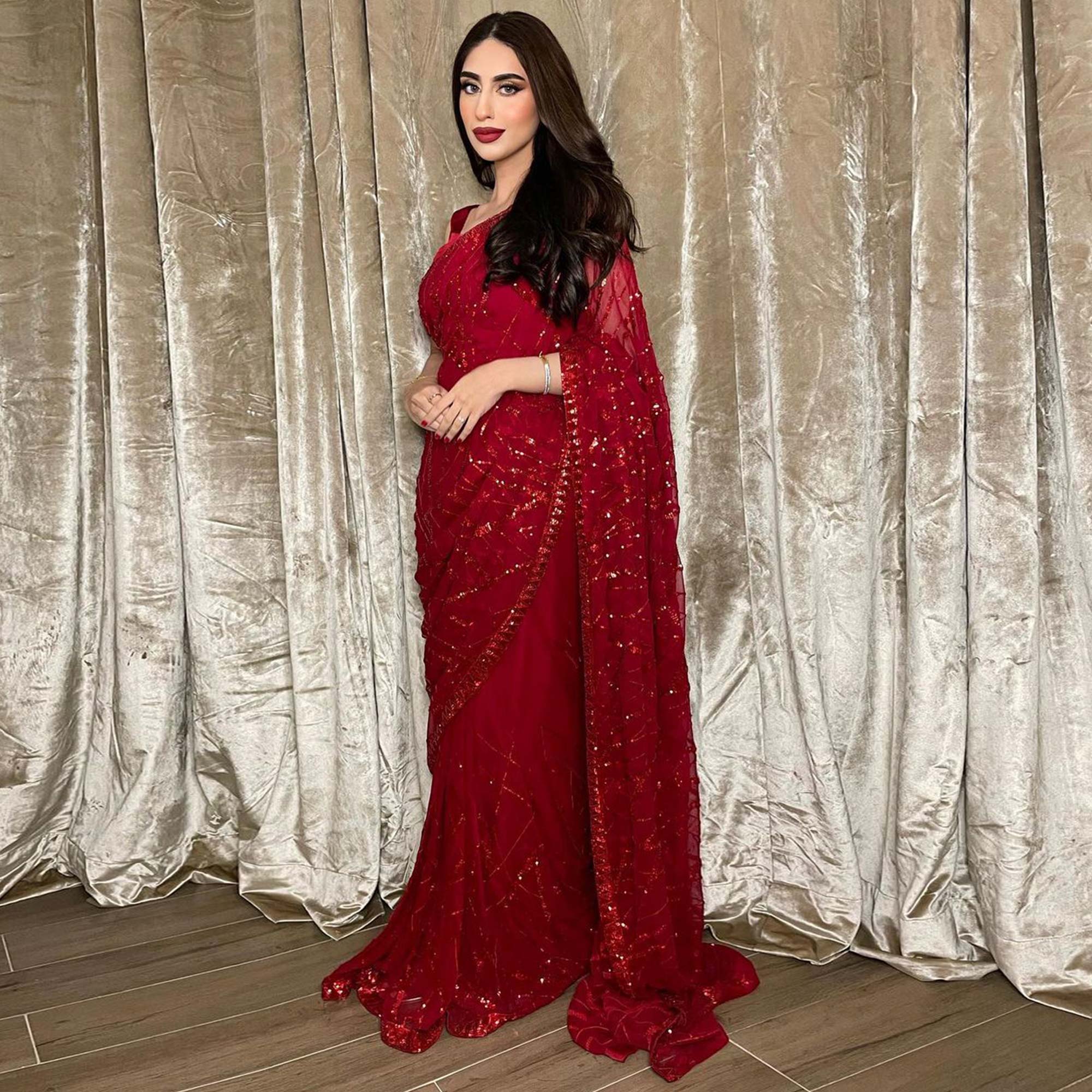 Red Sequins Embroidered Georgette Saree