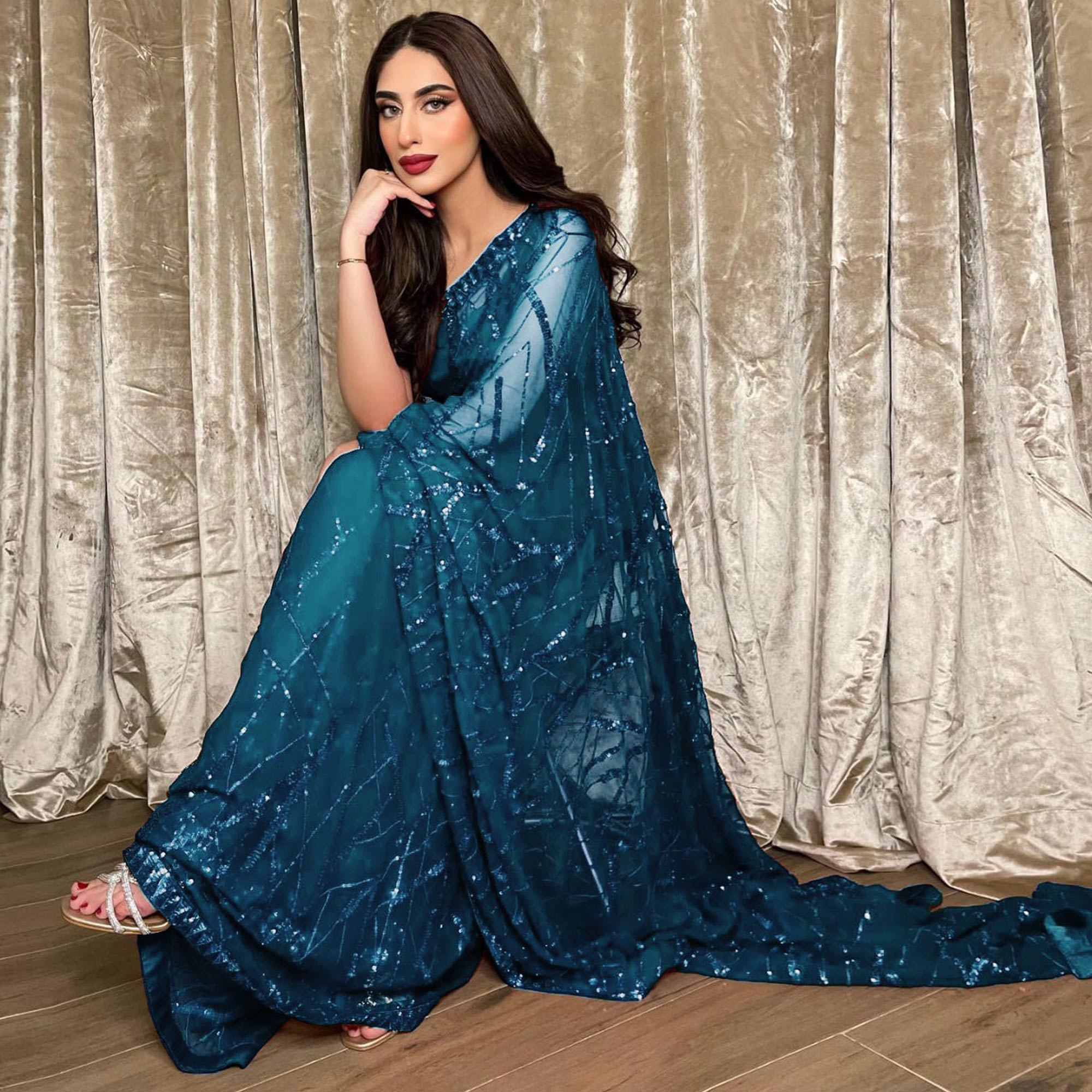 Teal Sequins Embroidered Georgette Saree