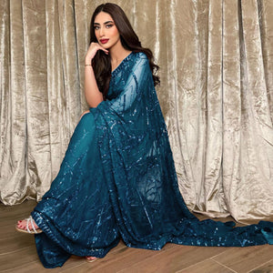 Teal Sequins Embroidered Georgette Saree