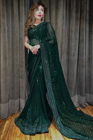 Charming Green Partywear Saree in Georgette with Stylish Sequin Embellishments