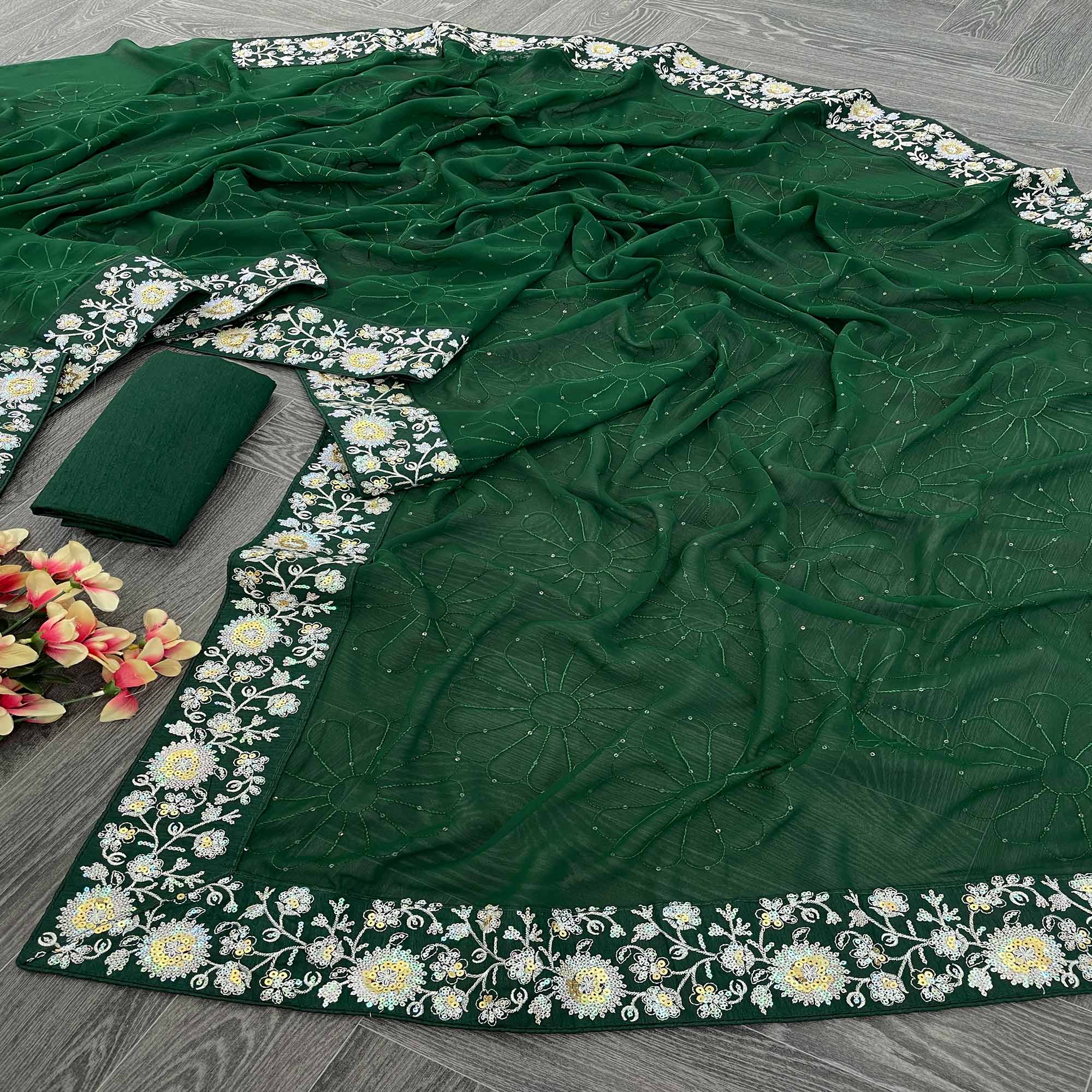 Green Georgette Saree Featuring Fine Sequin Embroidery for a Glam Look