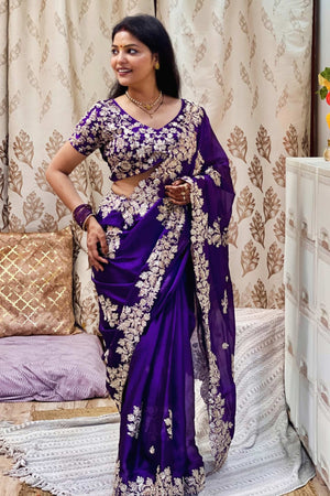 Graceful Violet Silk Blend Saree with Butta Motifs and Exquisite Coding Embroidery