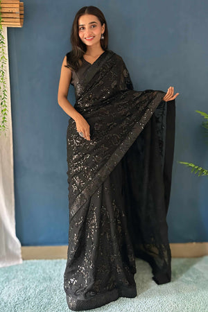 Black Sequins Embellished Georgette Saree with Delicate Embroidery and Sheer Grace