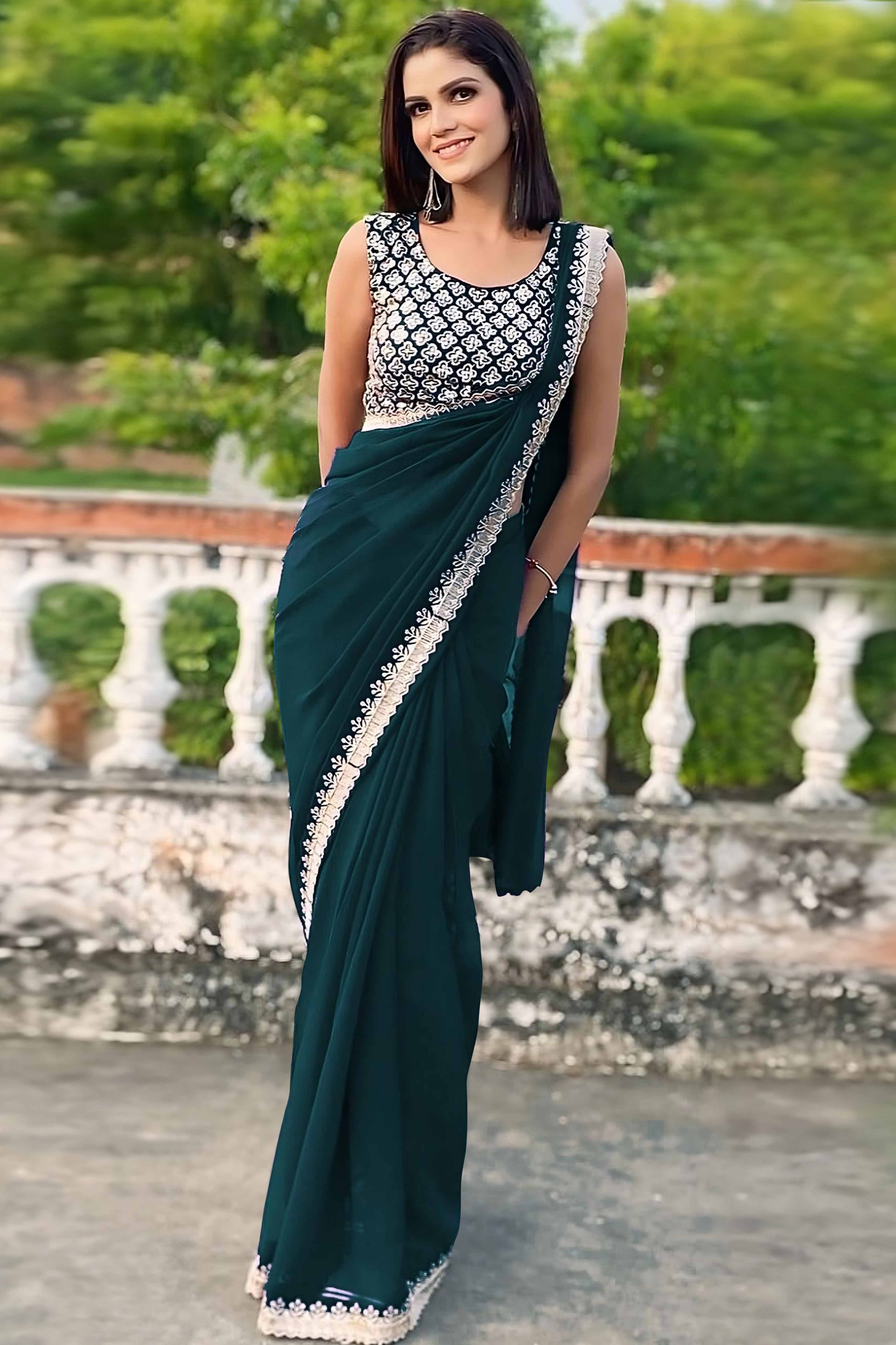 Morpich Green Georgette Saree With Sleek Solid Finish And Embroidered Edging