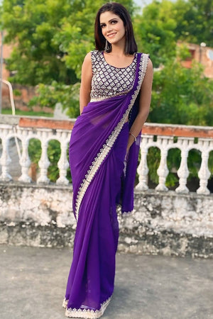Violet Georgette Saree with Sleek Solid Finish and Embroidered Edging