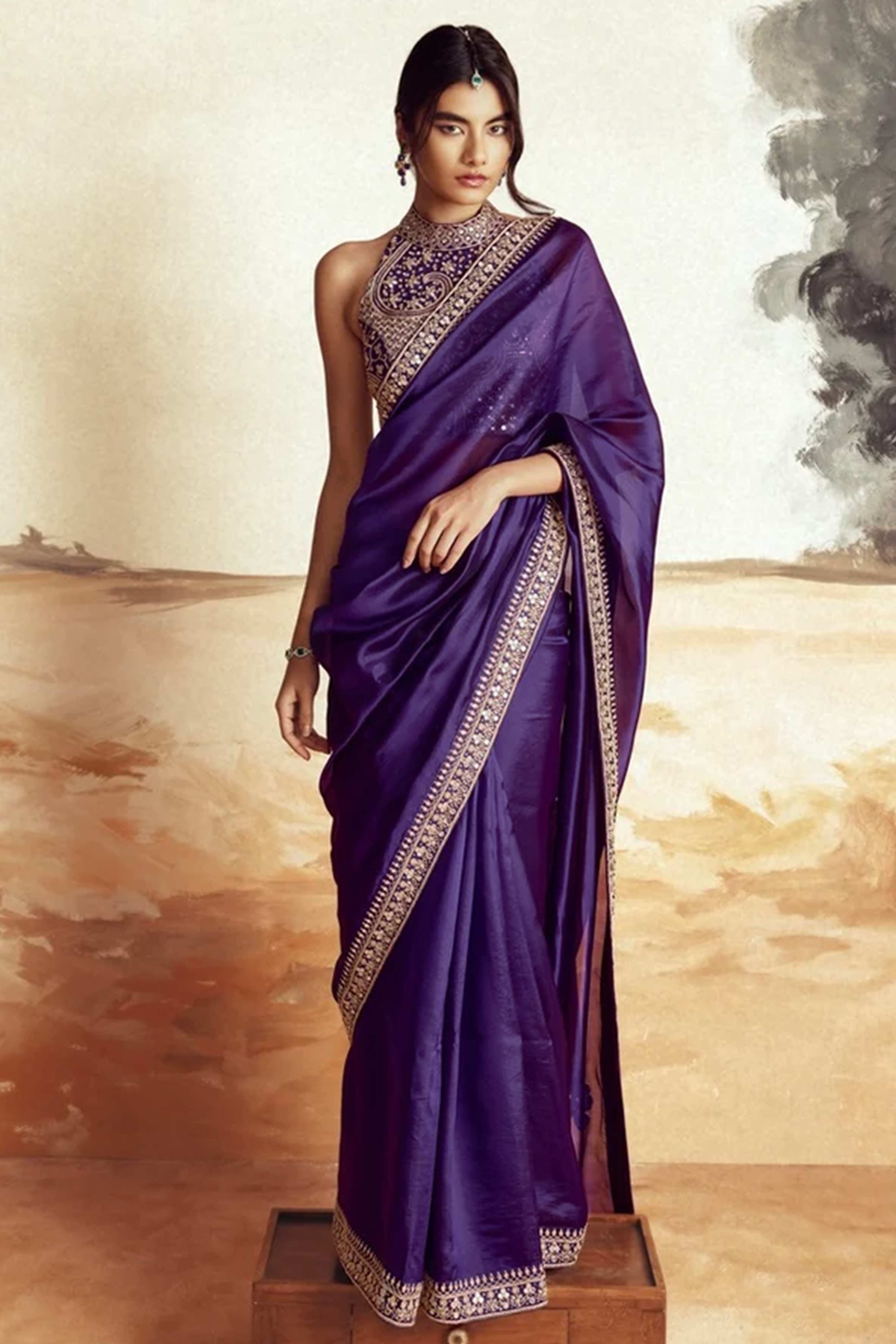 Violet Solid Pattern Saree in Smooth Silk Blend Fabric with Elegant Embroidered Edge Work