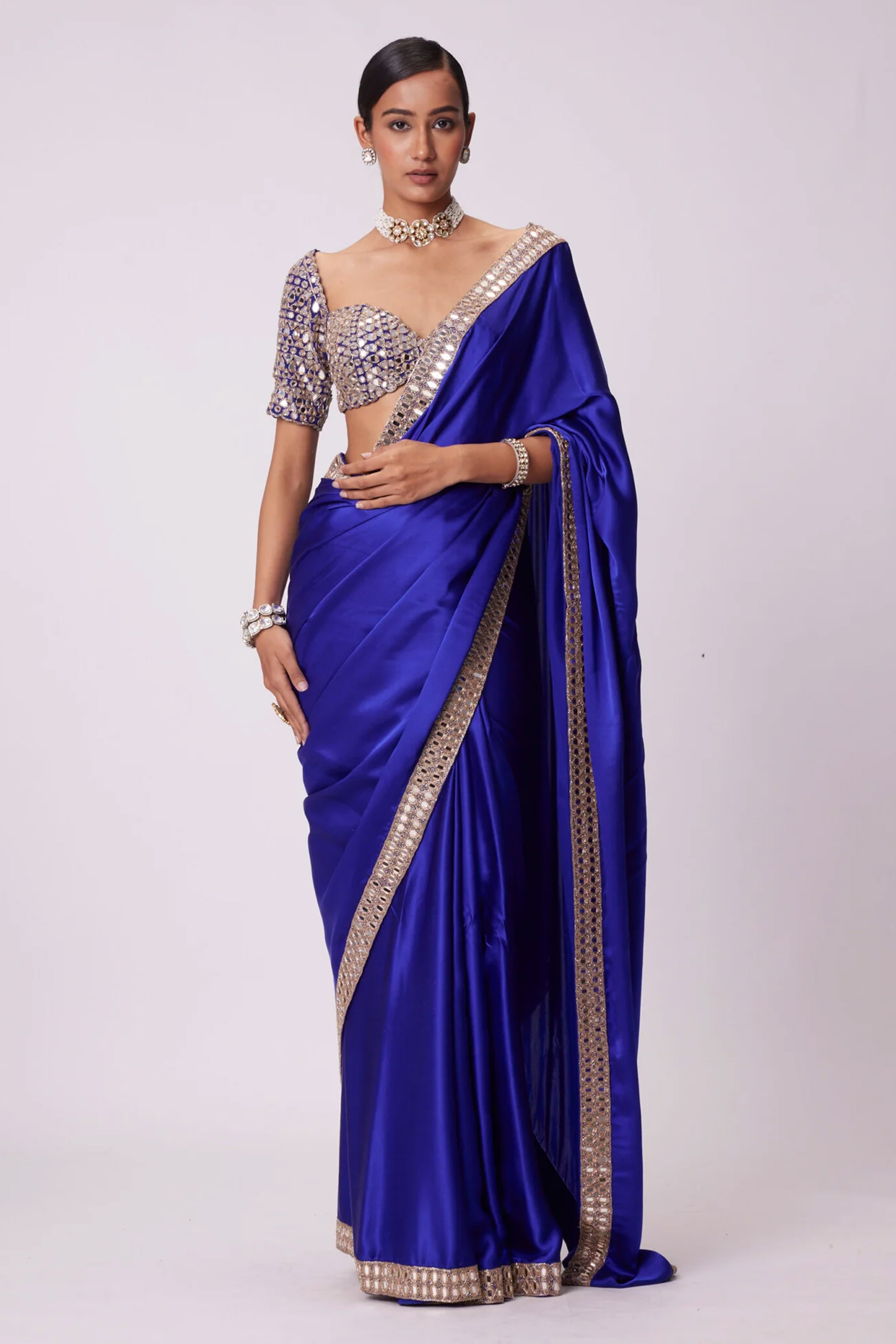 Royal Blue Japan Satin Saree with Sparkling Mirror Embellishments
