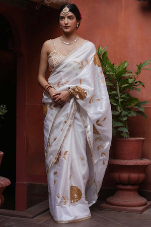 White Silk Blend Saree Featuring Delicate Floral Motifs in Shimmering Sequins