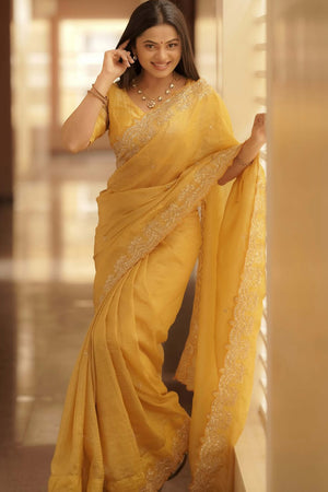Golden Silk Blend Saree Accented with Sparkling Sequin Embellished