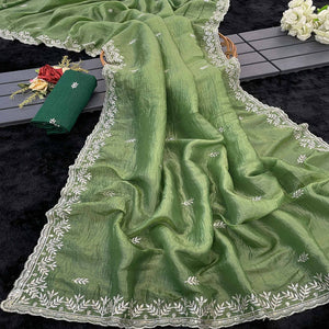 Green Party Wear Art Silk Saree with Fine Embroidery