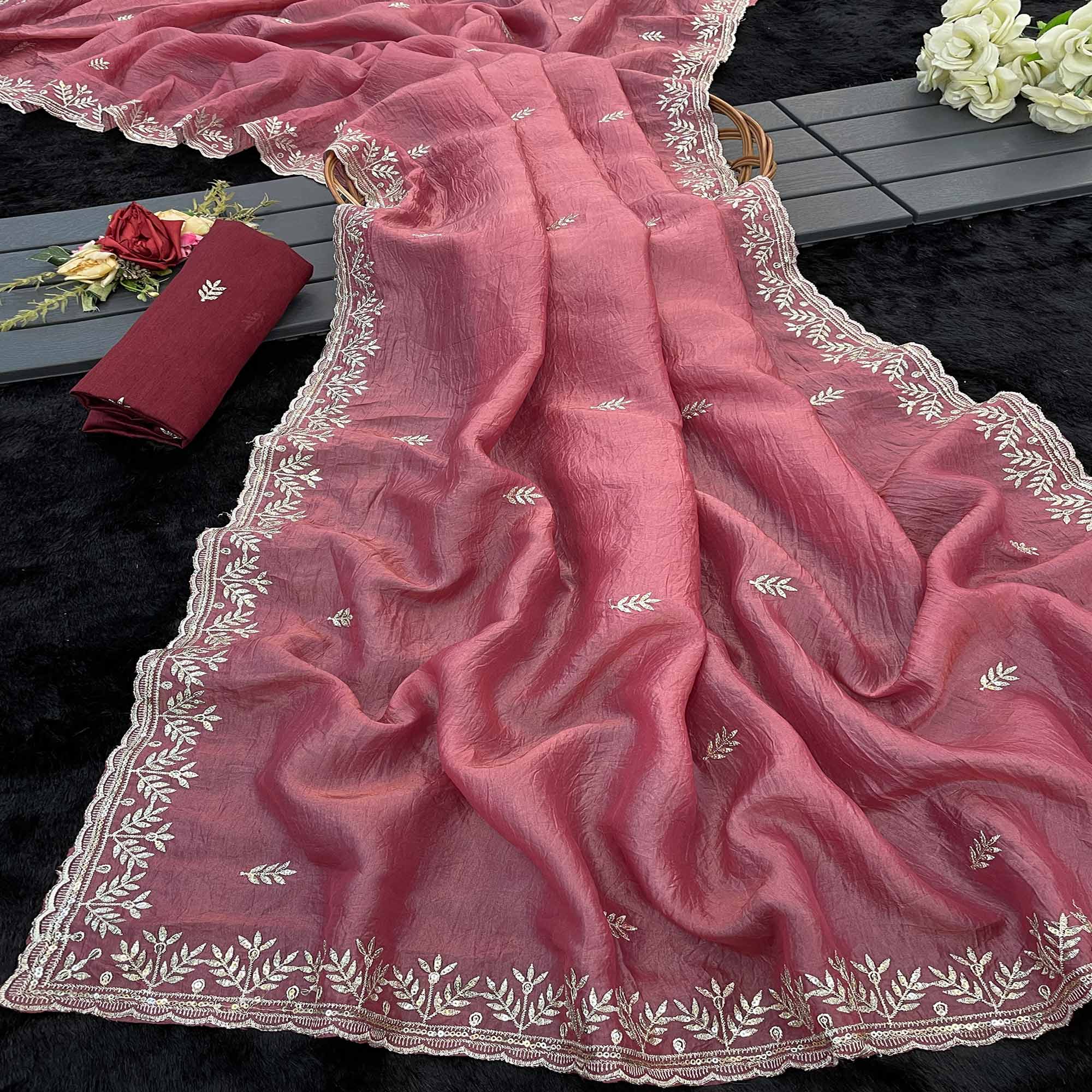 Peach Party Wear Art Silk Saree with Fine Embroidery