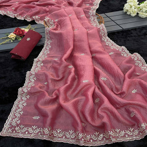 Peach Party Wear Art Silk Saree with Fine Embroidery