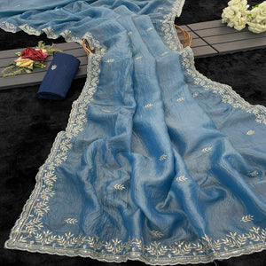 Sky Blue Party Wear Art Silk Saree with Fine Embroidery