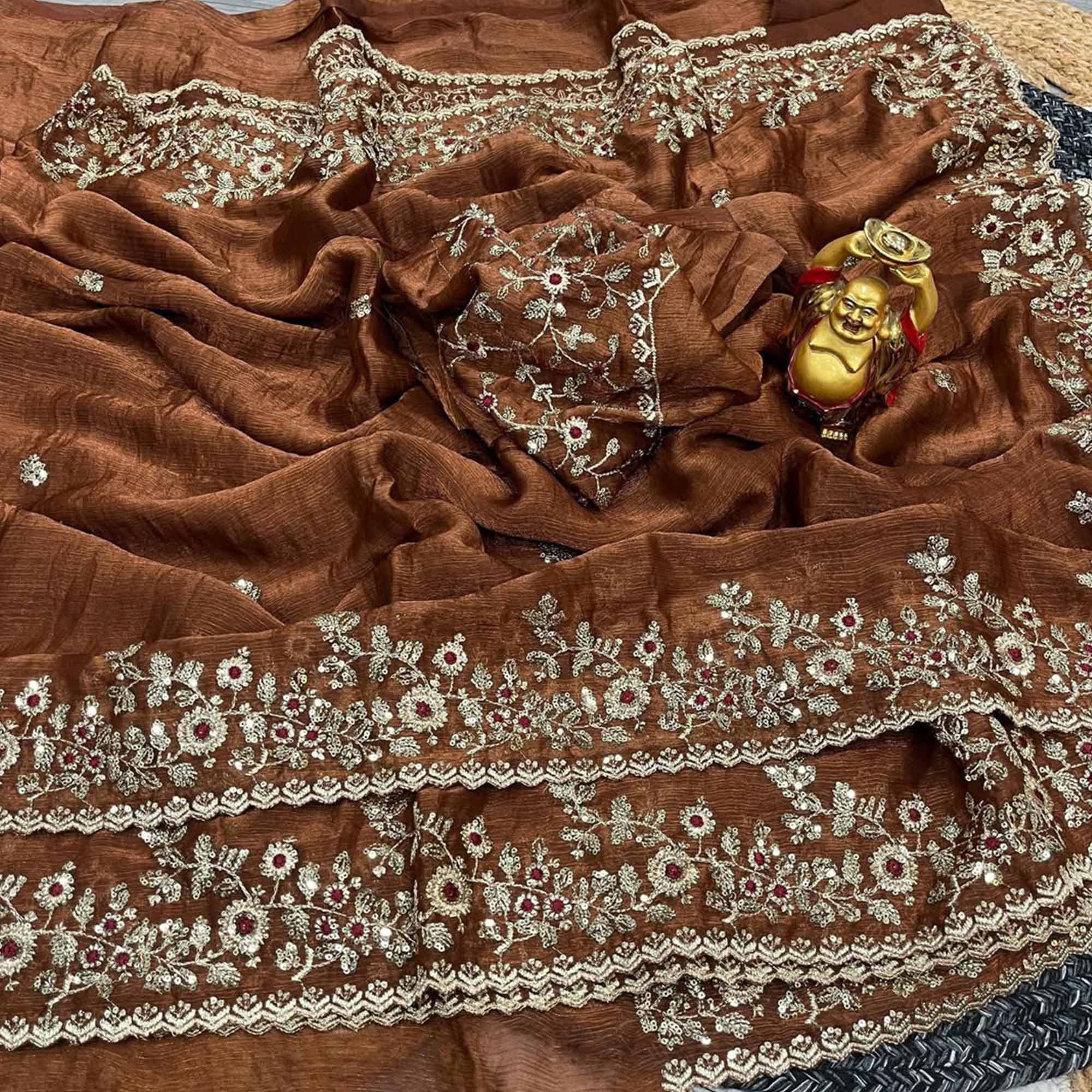 Brown Lightweight Chiffon Saree with Glamorous Sequins Detailing