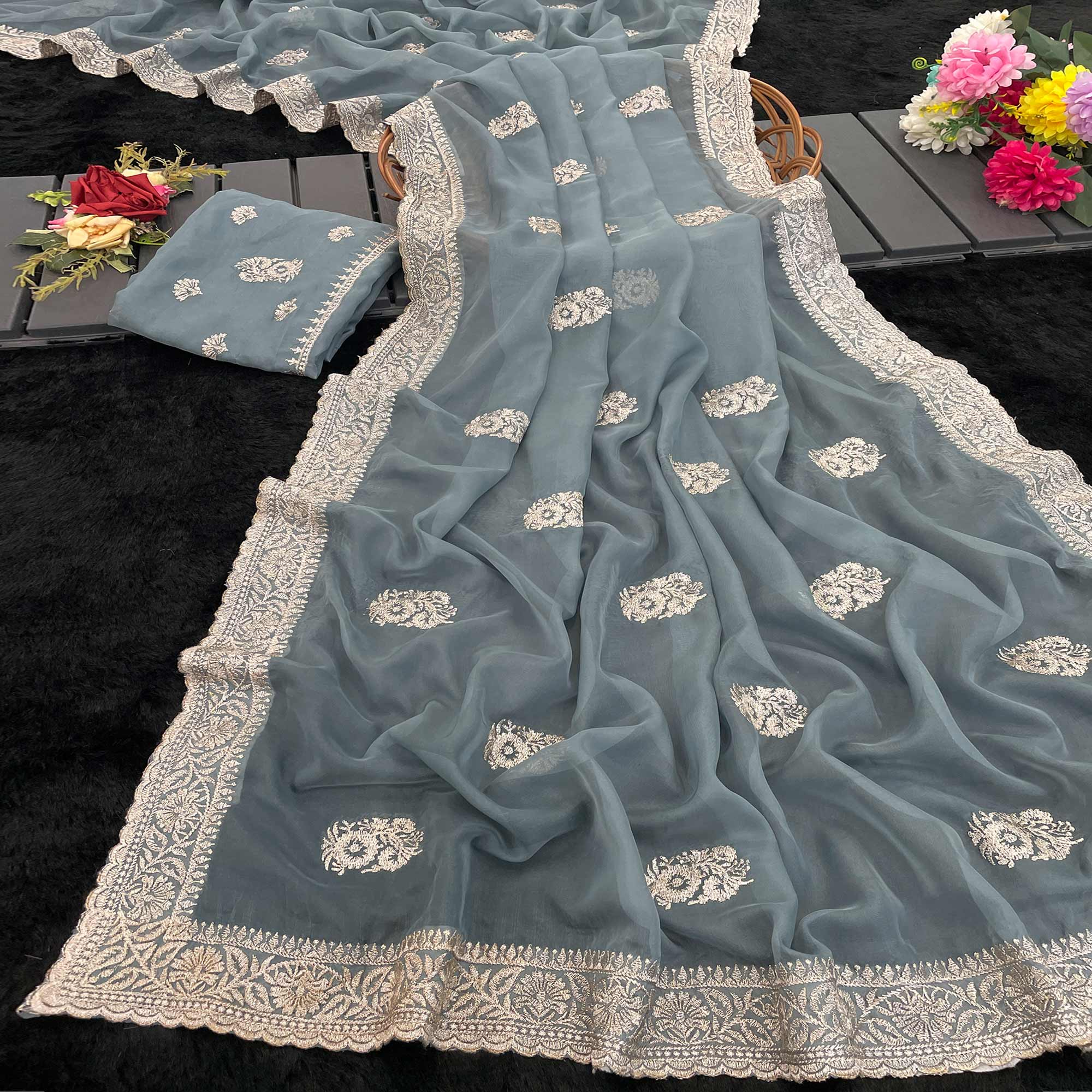 Grey Saree in Organza with Intricate Floral Embroidery