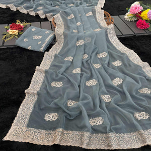Grey Saree in Organza with Intricate Floral Embroidery