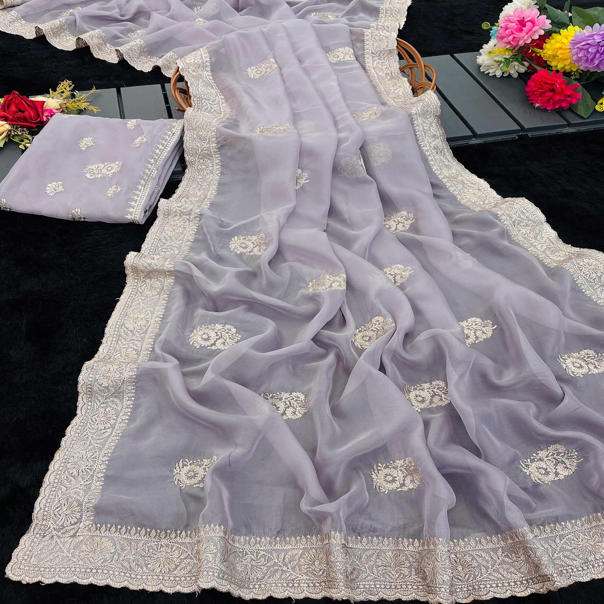 Lavender Saree in Organza with Intricate Floral Embroidery