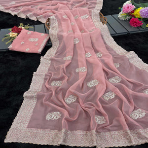 Pink Saree in Organza with Intricate Floral Embroidery