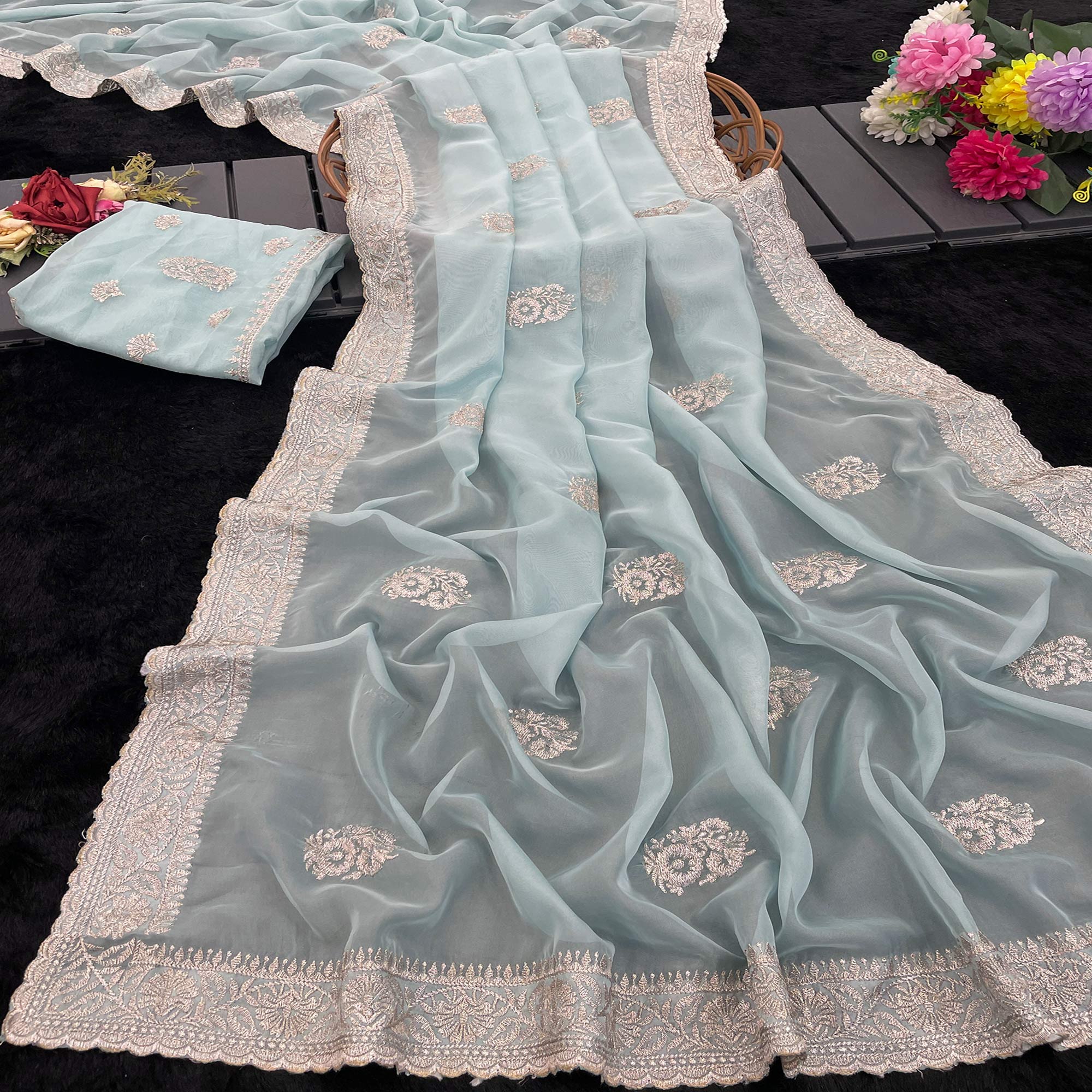 Sky Blue Saree in Organza with Intricate Floral Embroidery