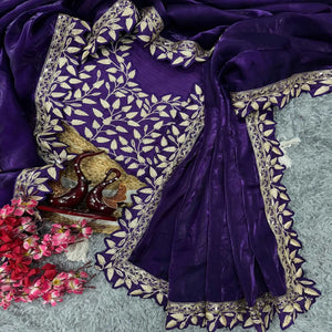 Royal Purple Satin Saree Adorned With Gleaming Sequins Embroidery & Elegant Solid Finish