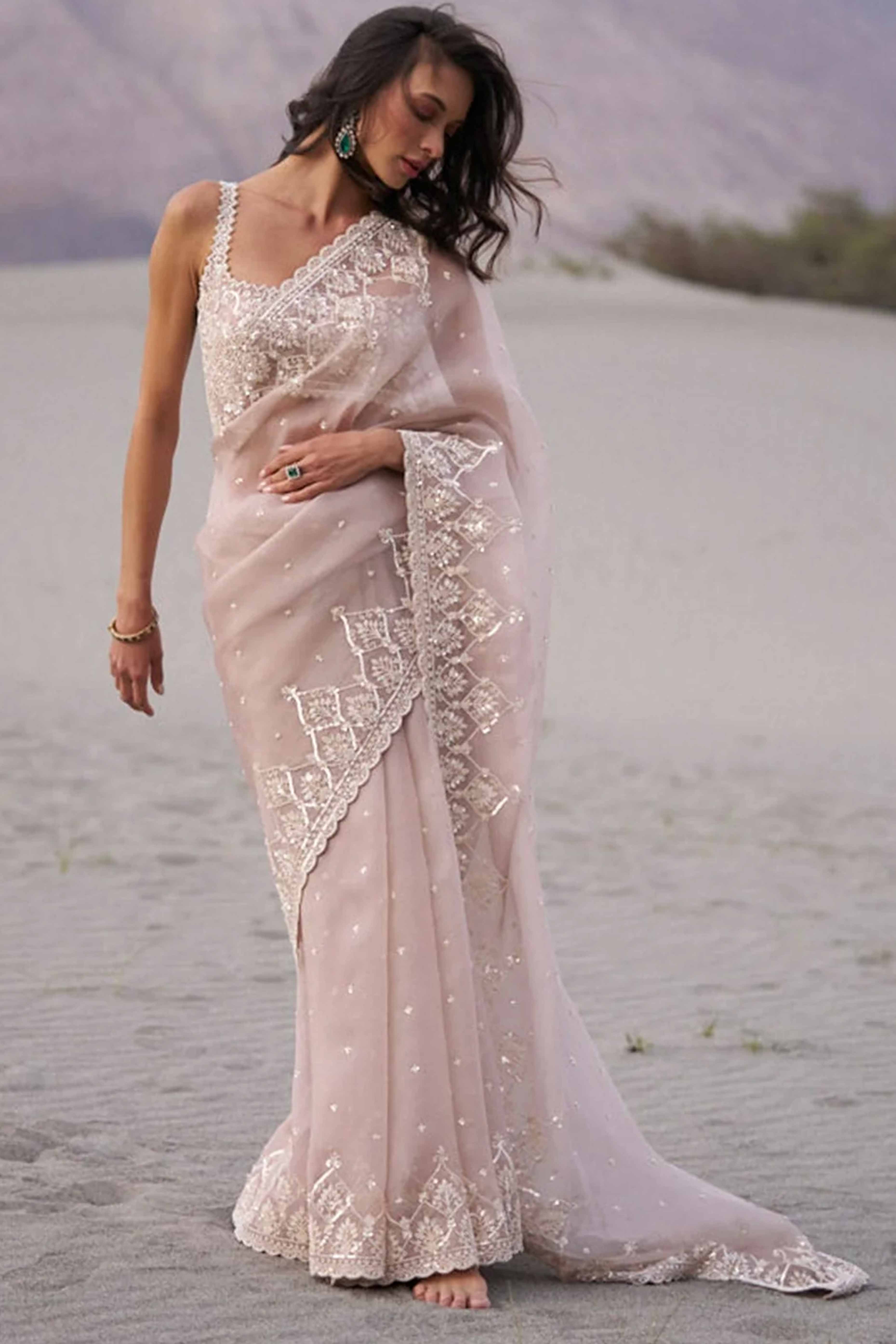 Peach Organza Saree Enhanced with Elegant Sequins Embroidery