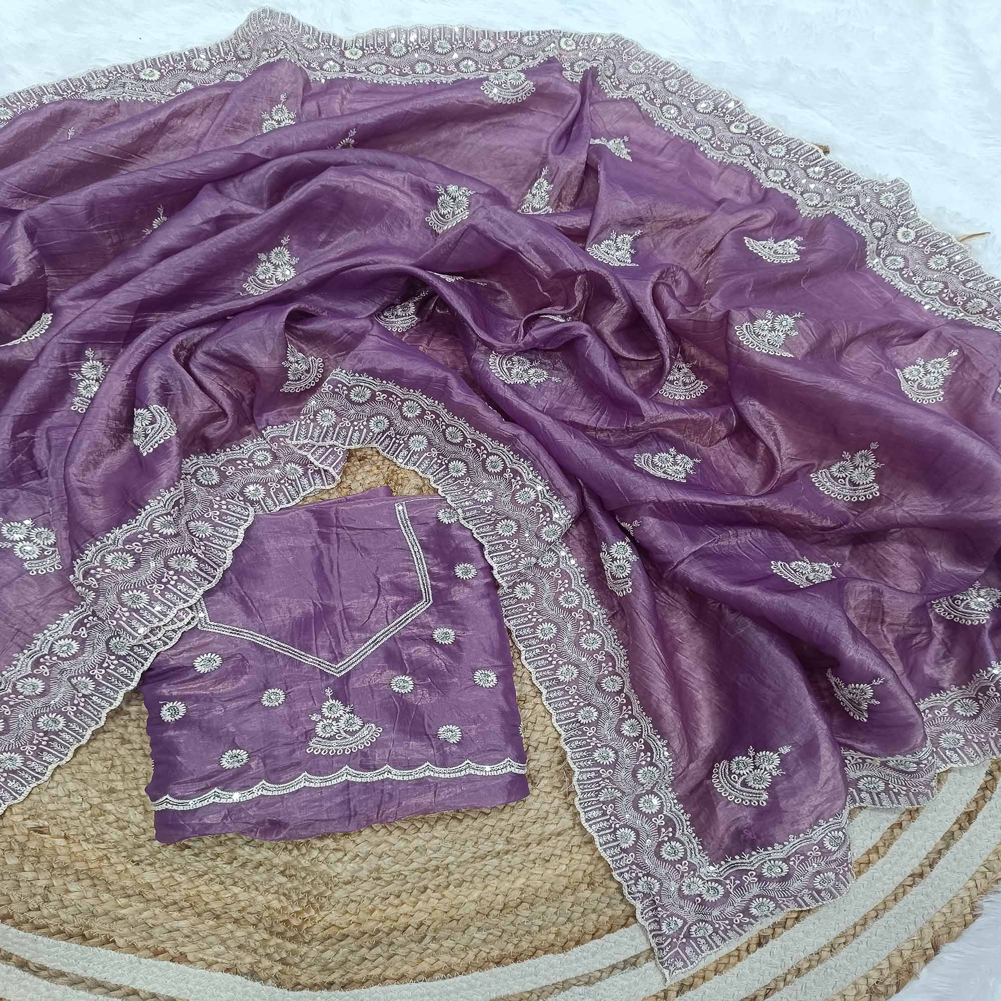 Lavender Cotton Blend Saree With Intricate Floral Thread Embroidery & Sparkling Sequins