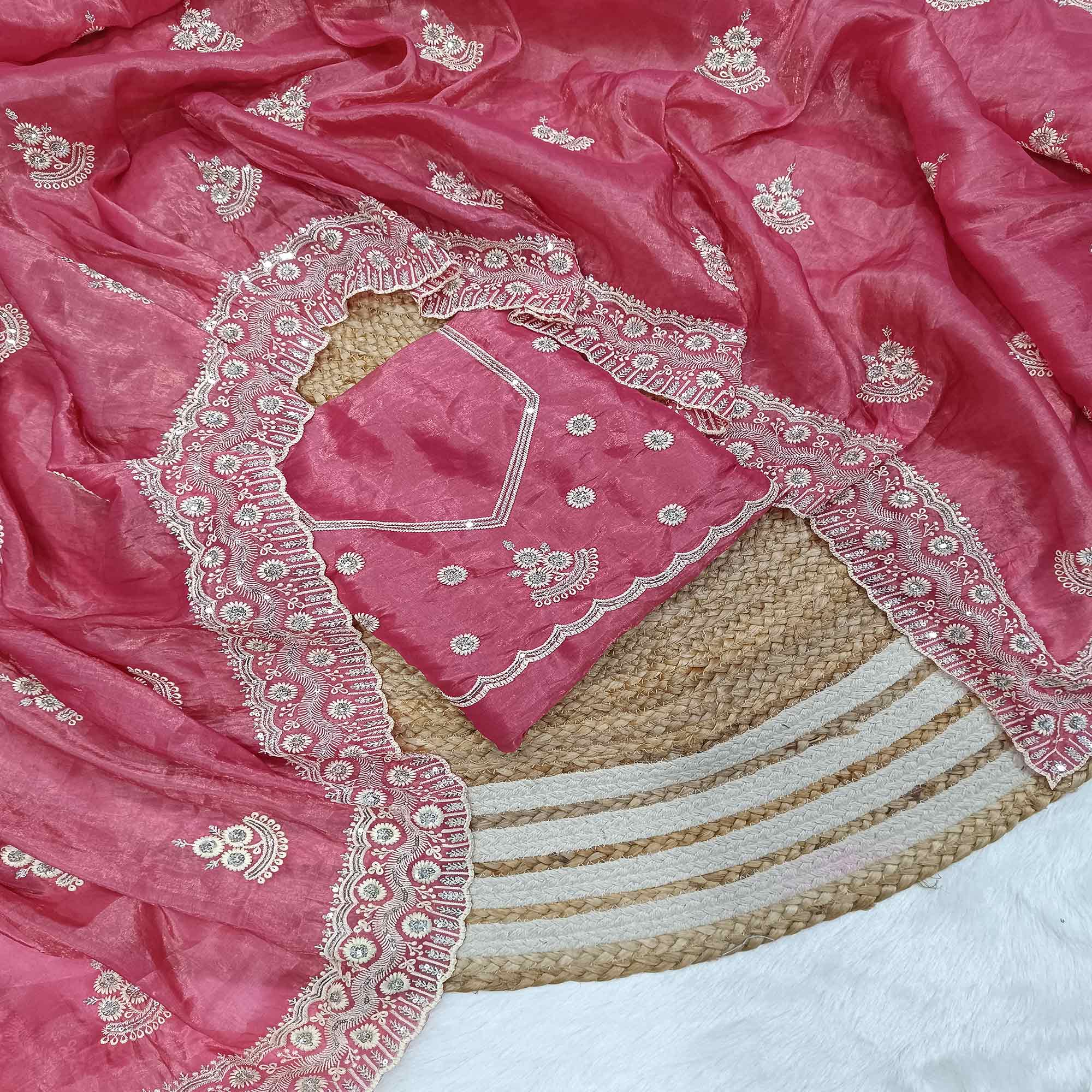 Pink Cotton Blend Saree With Intricate Floral Thread Embroidery & Sparkling Sequins