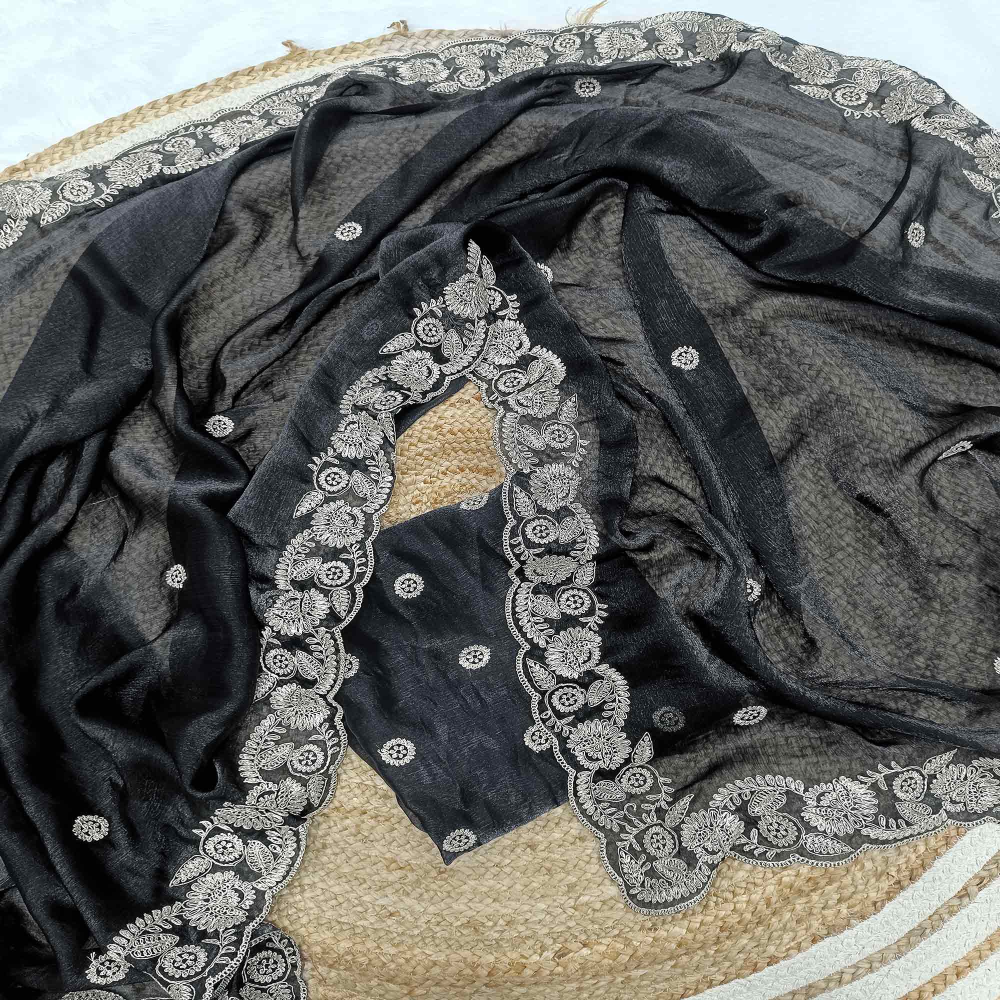 Black Satin Silk Saree Accented With Intricate Floral Cording Embroidery