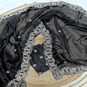 Black Satin Silk Saree Accented With Intricate Floral Cording Embroidery