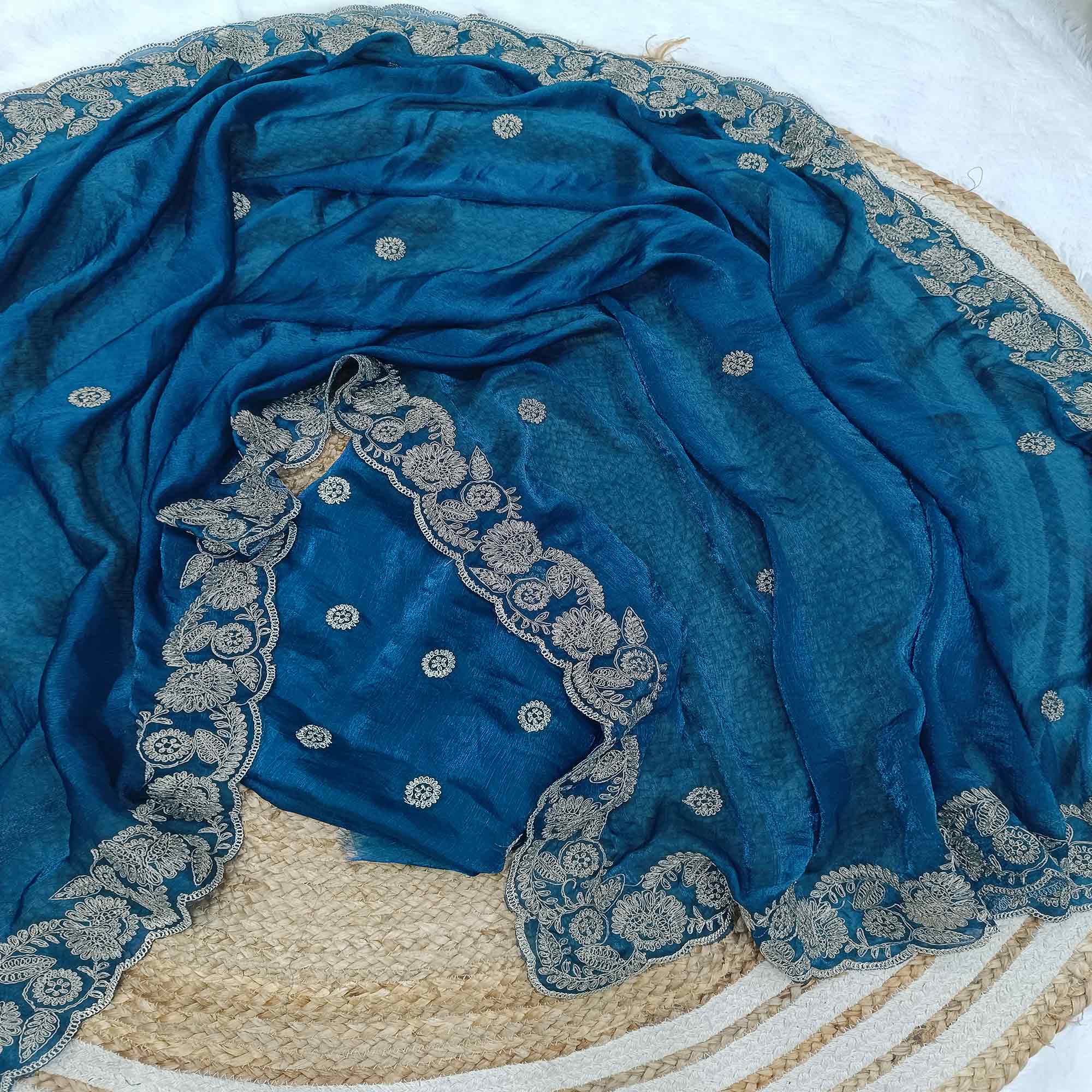 Morpich Blue Satin Silk Saree Accented With Intricate Floral Cording Embroidery