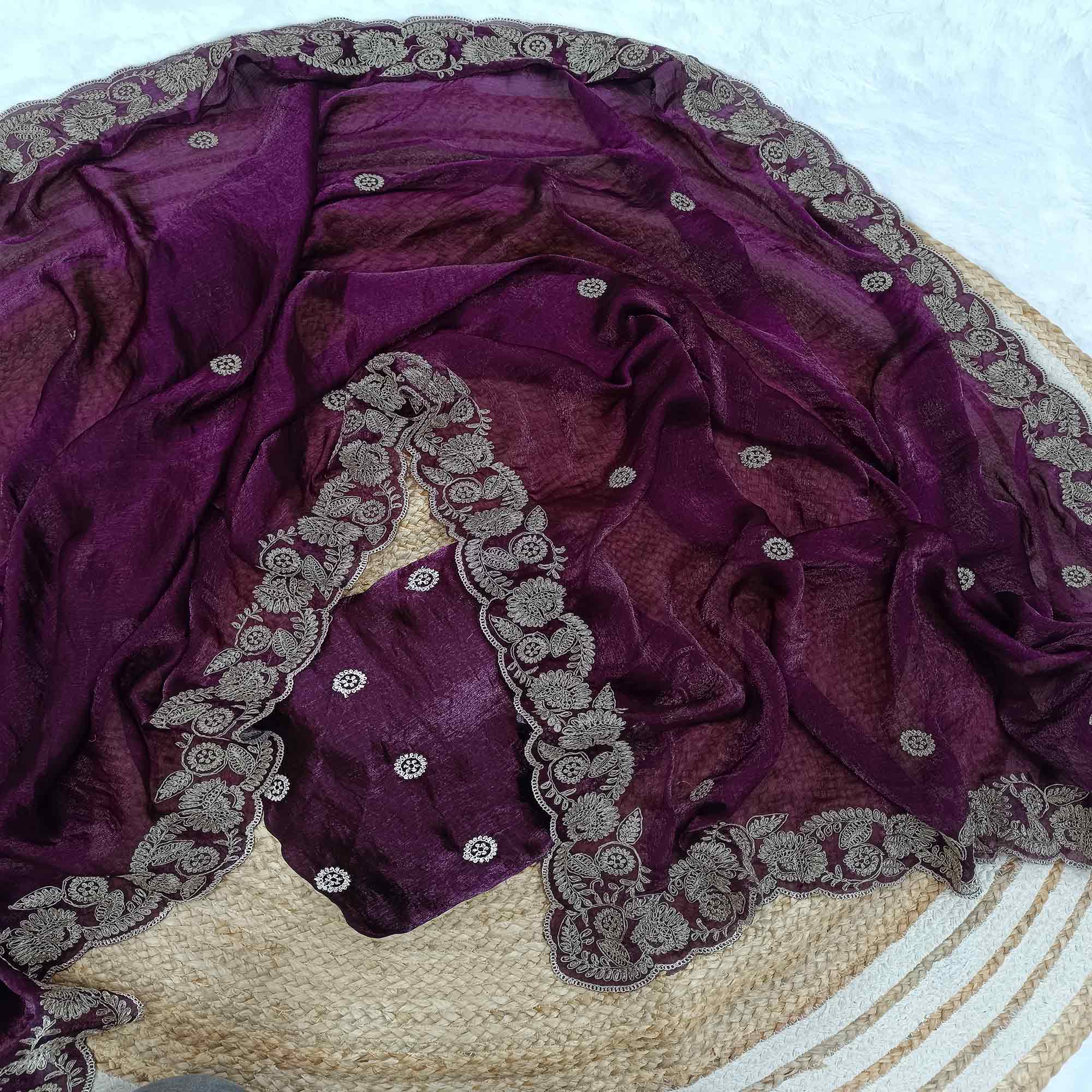 Wine Satin Silk Saree Accented With Intricate Floral Cording Embroidery