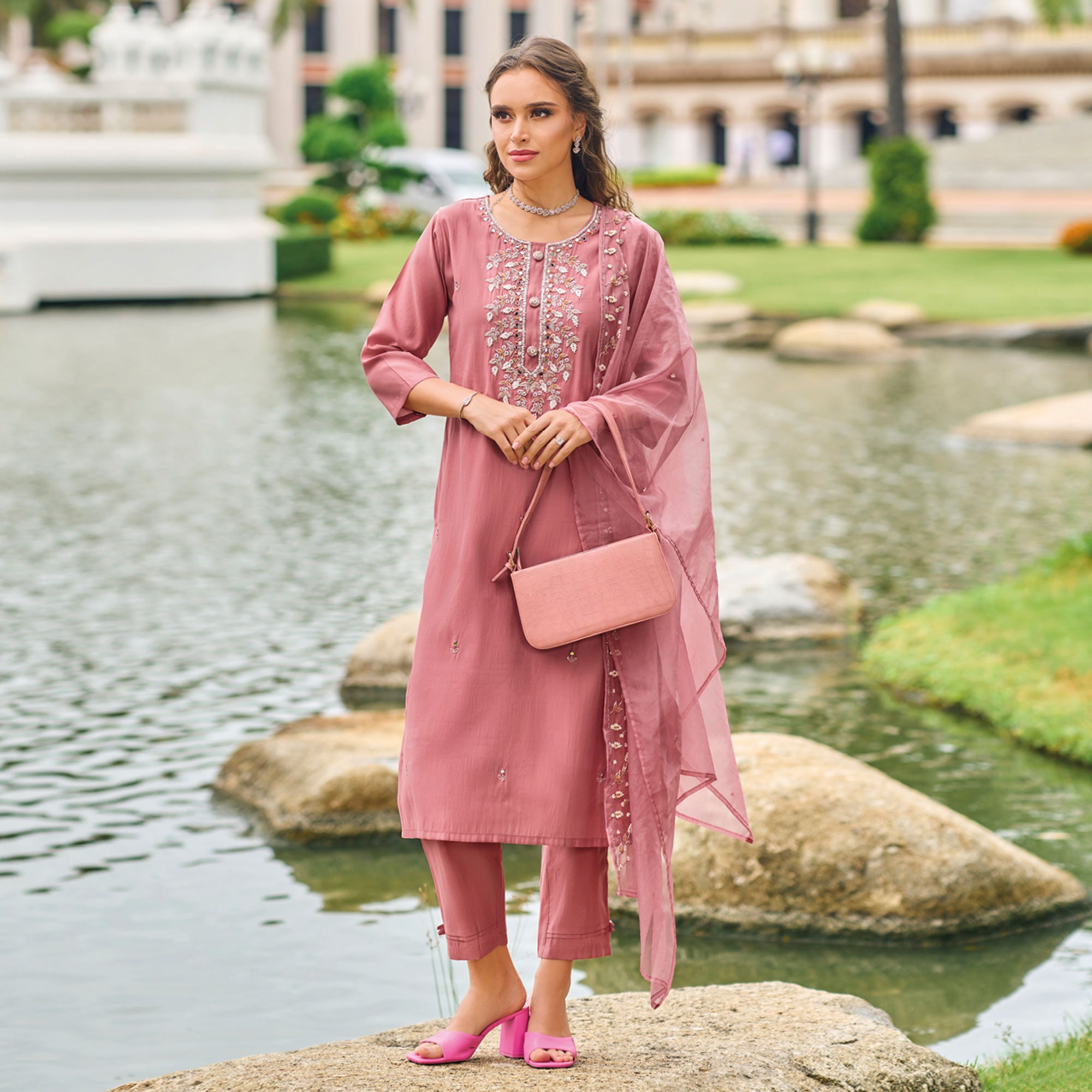 Mauve Floral Embroidered Cotton Silk Suit