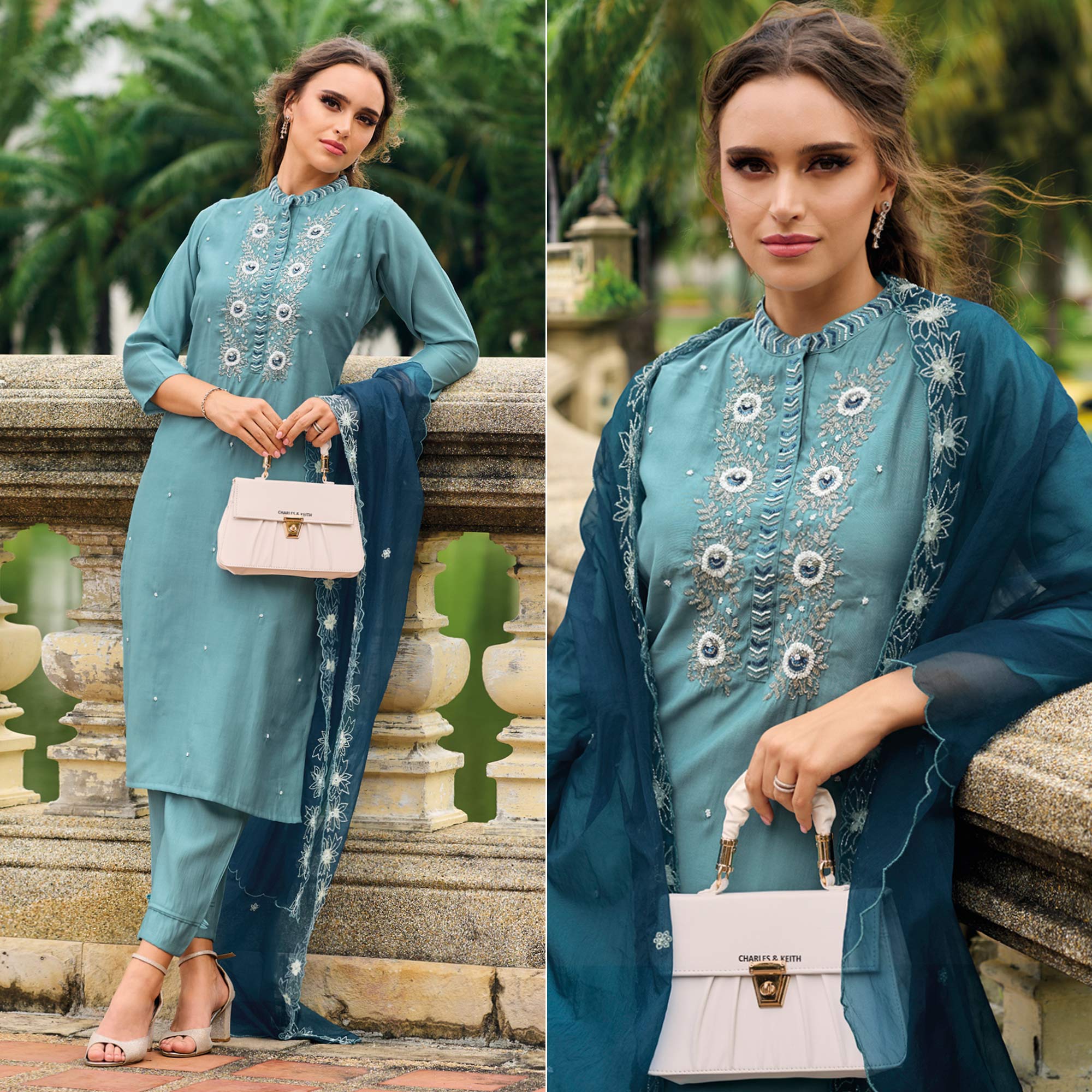 Blue Floral Embroidered Cotton Silk Suit