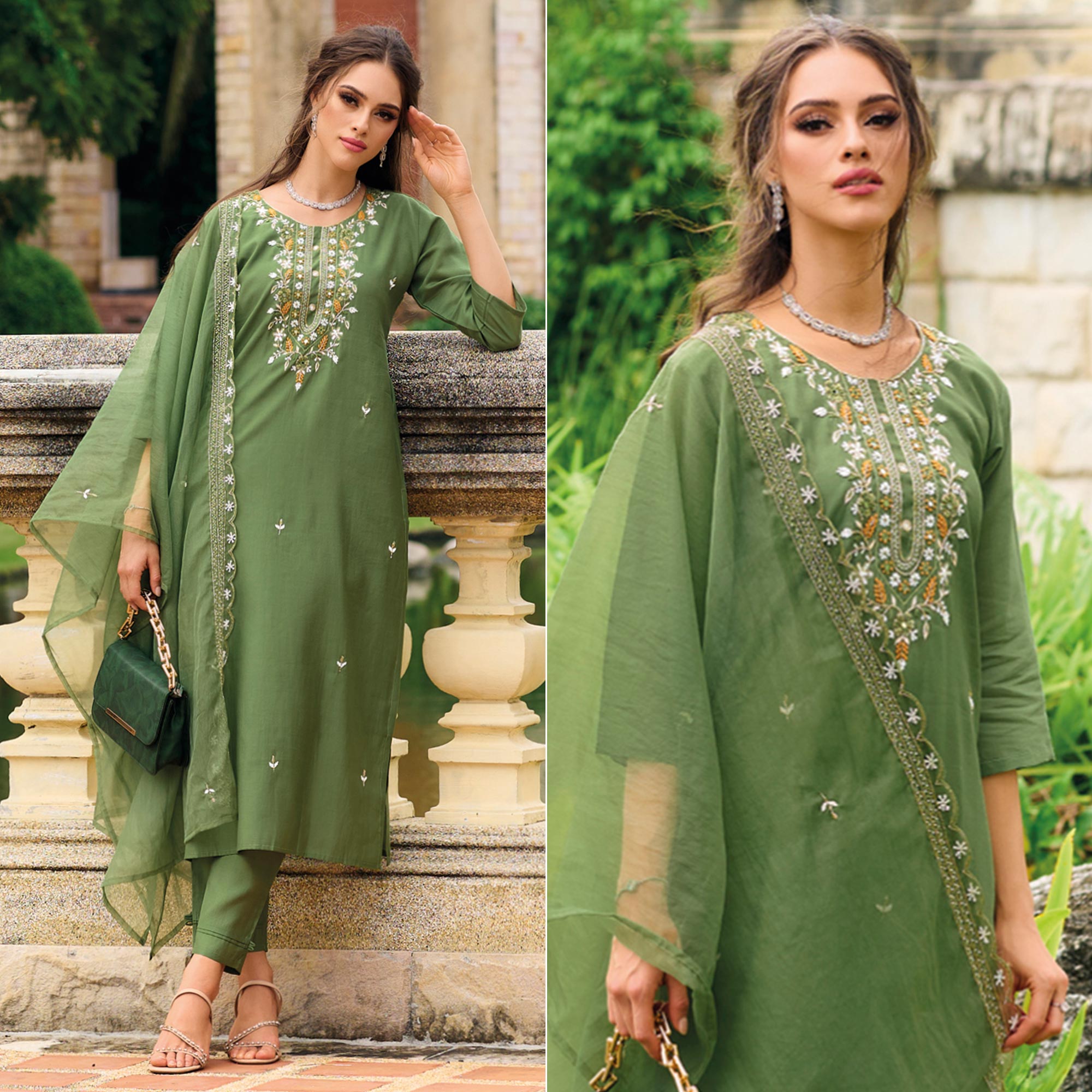 Green Floral Embroidered Cotton Silk Suit