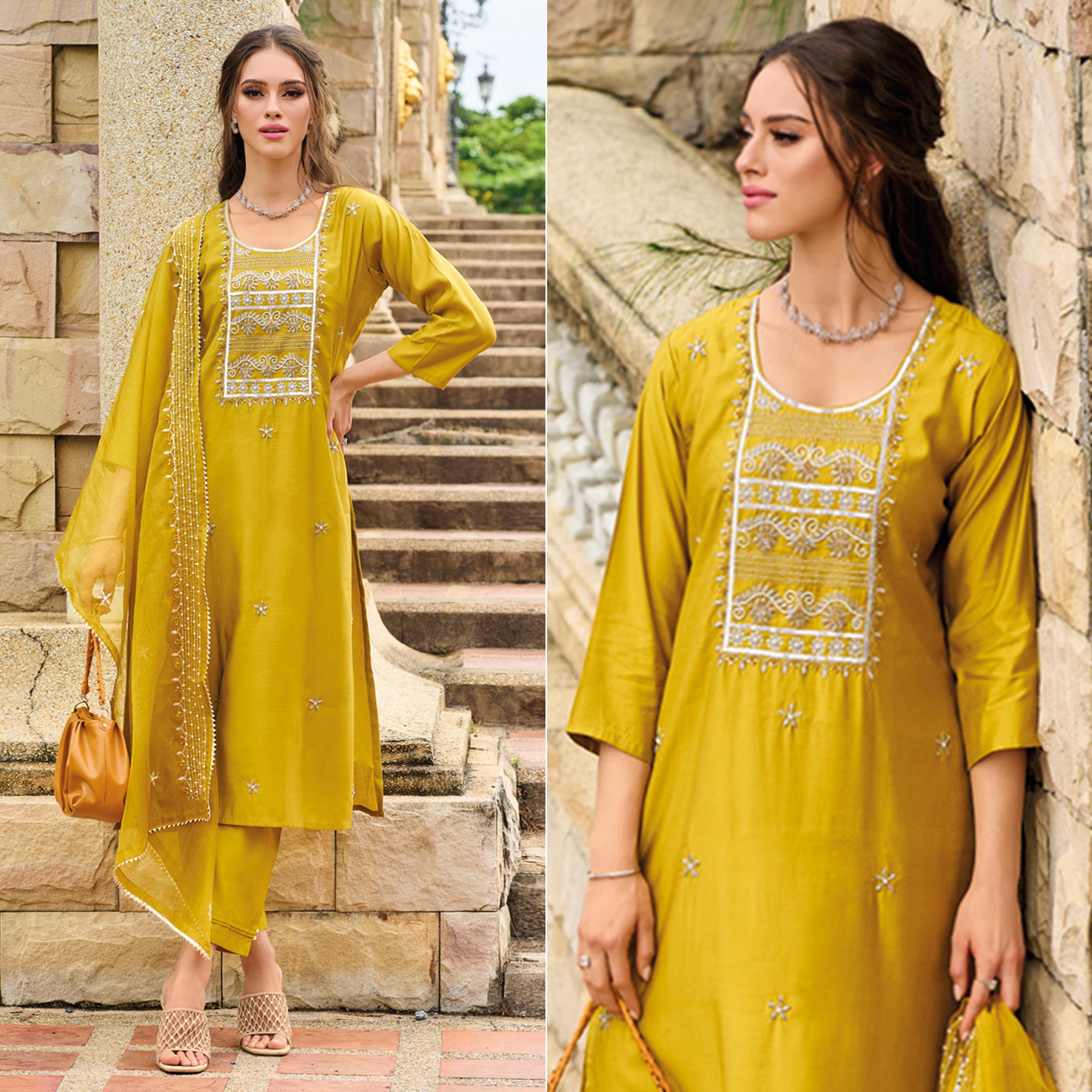 Mustard Floral Embroidered Cotton Silk Suit