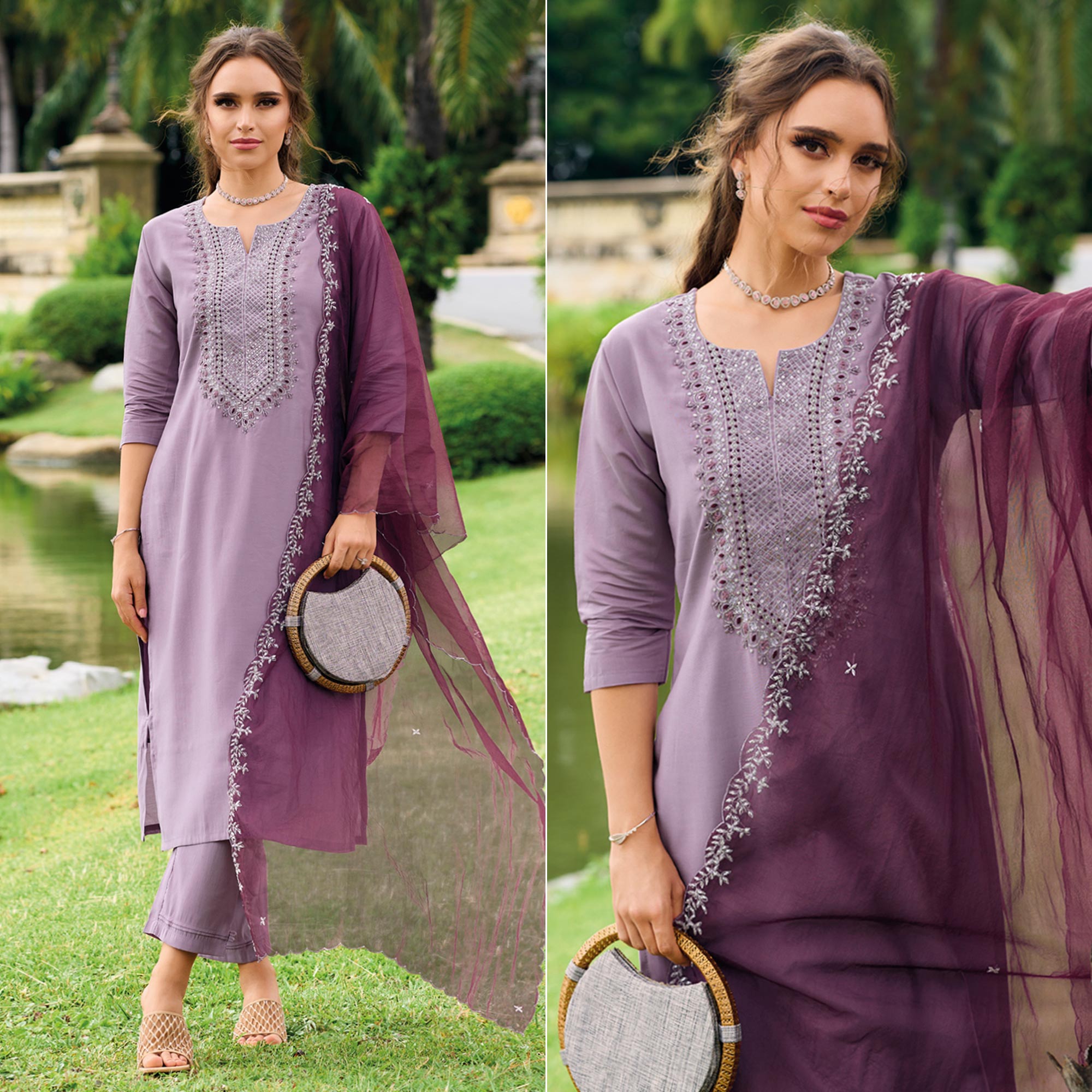 Lavender Floral Embroidered Cotton Silk Suit