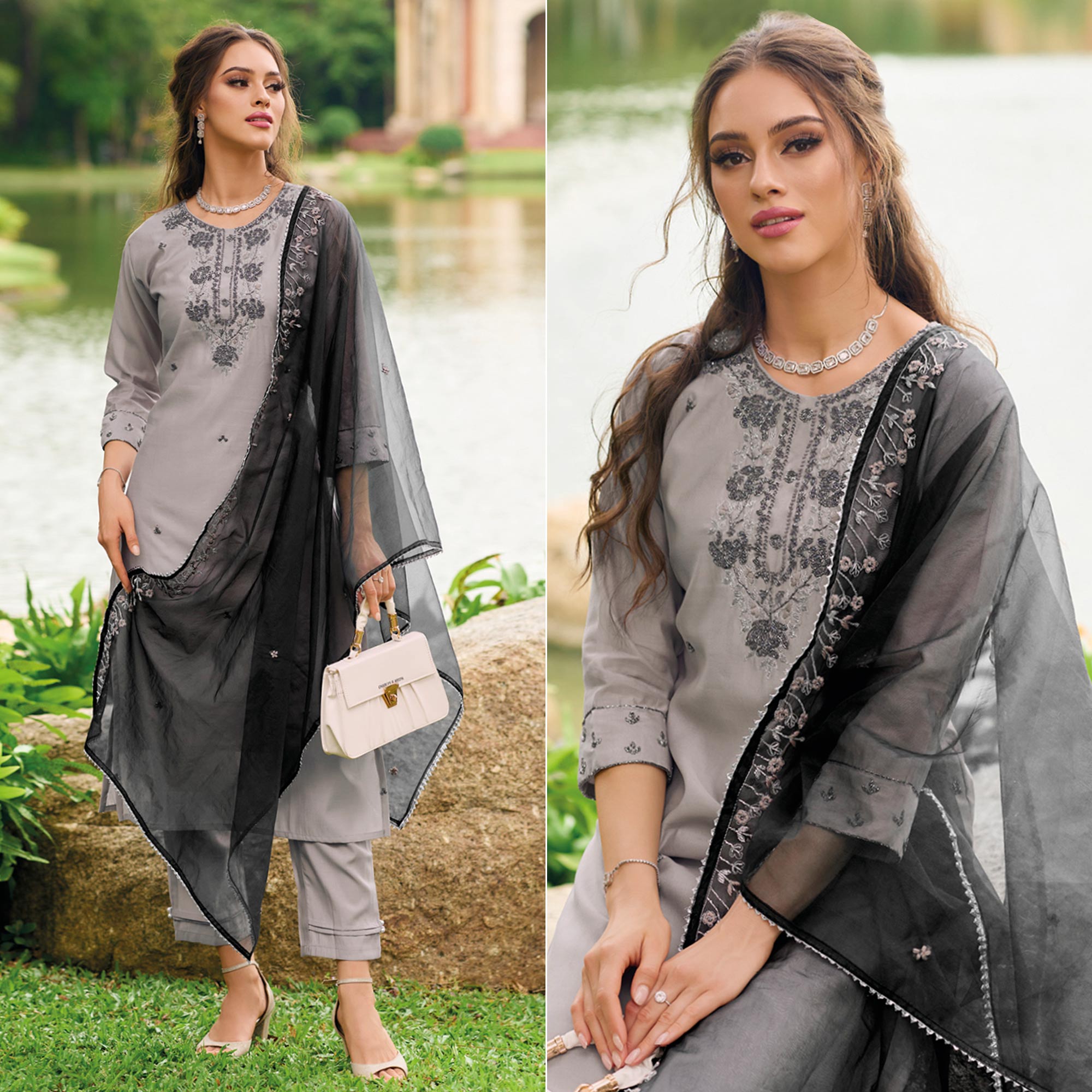 Grey Floral Embroidered Cotton Silk Suit