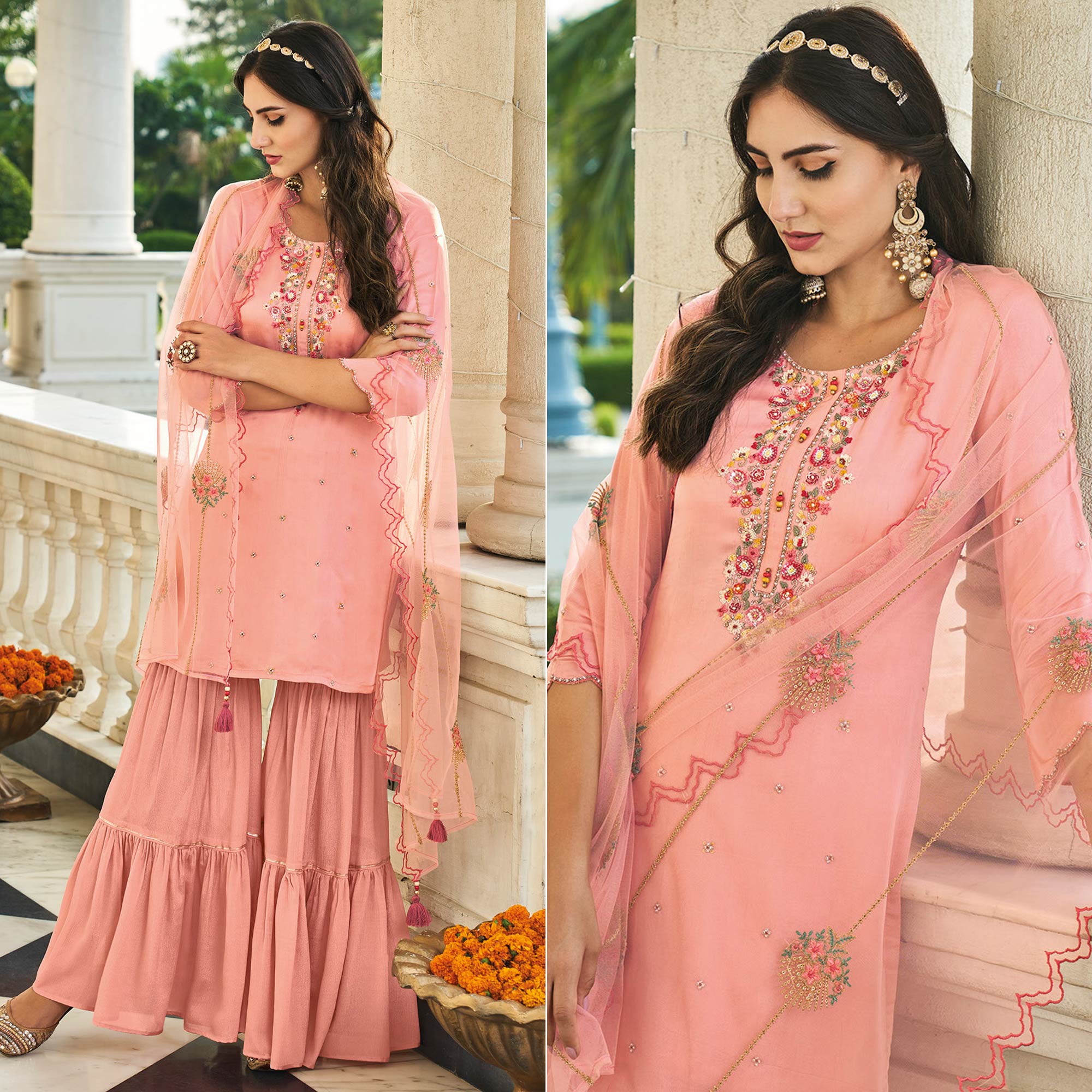 Peach Embroidered Chinon Sharara Suit