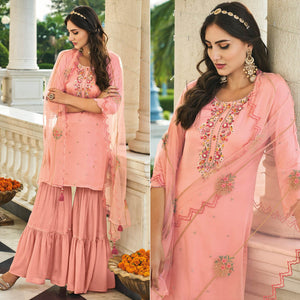 Peach Embroidered Chinon Sharara Suit