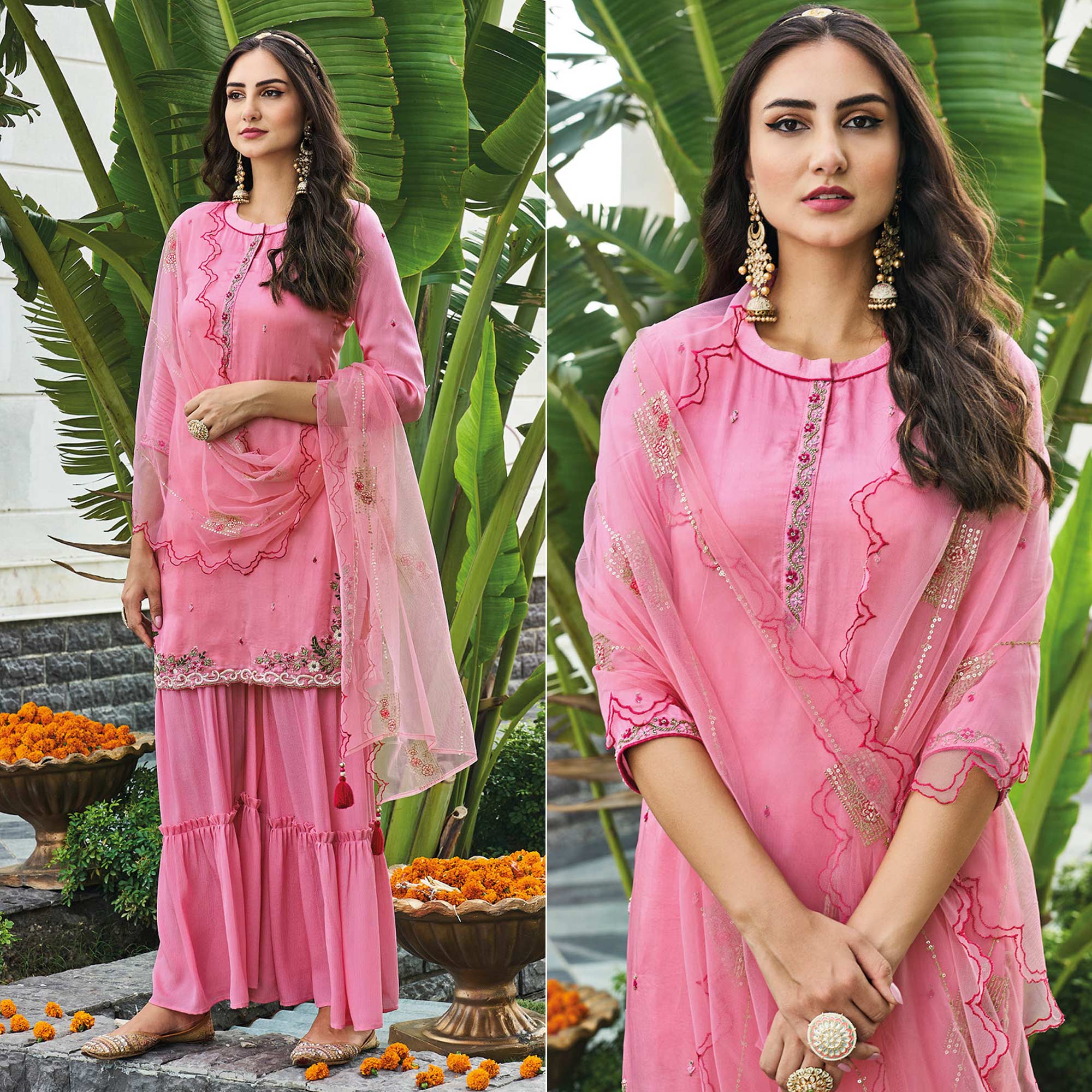 Pink Embroidered Chinon Sharara Suit